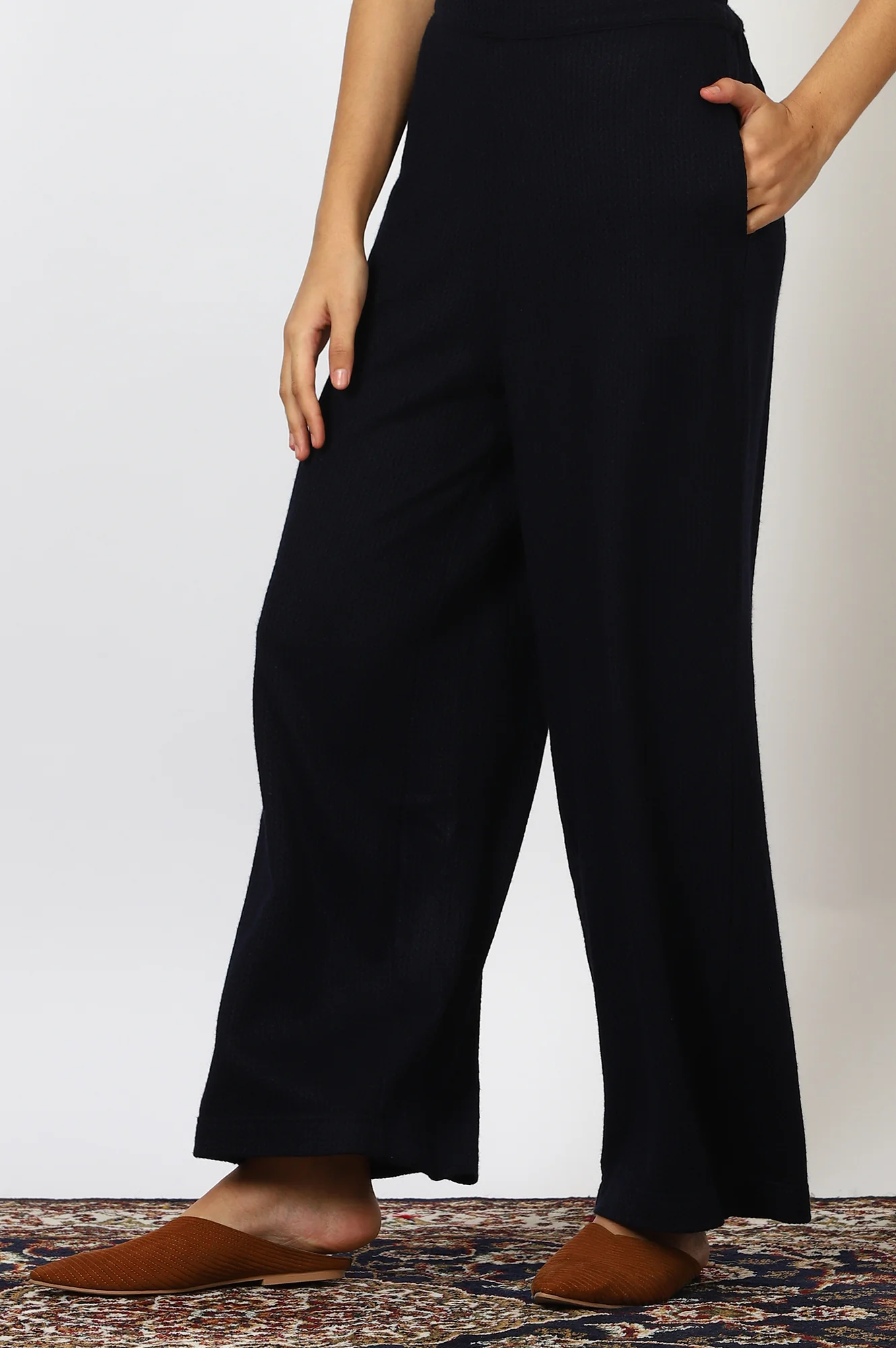 Blue Solid Rayon Parallel Pants - Image 2