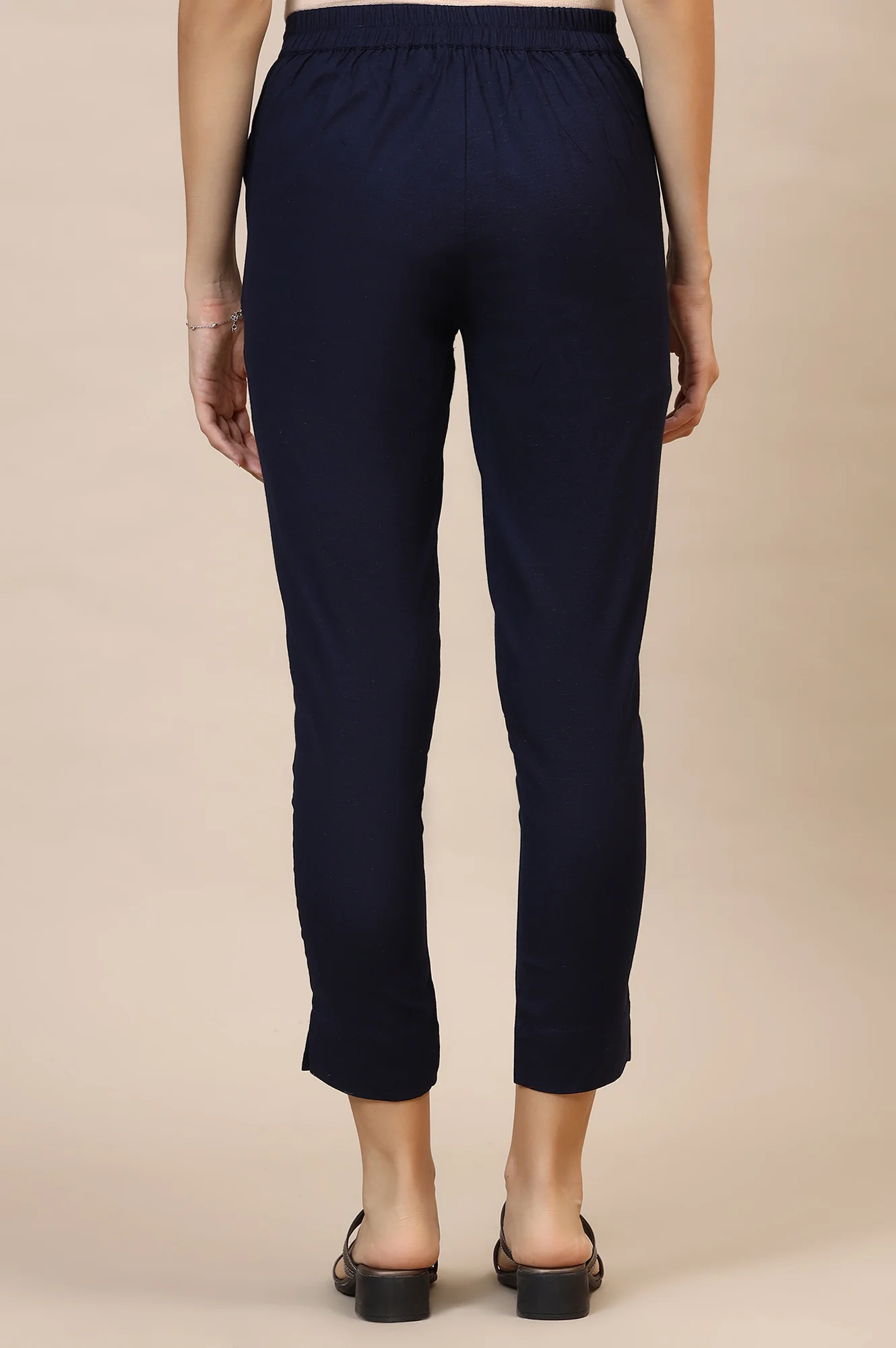 Blue Solid Slim Fit Cotton Trousers With Elasticated Waist - Image 4