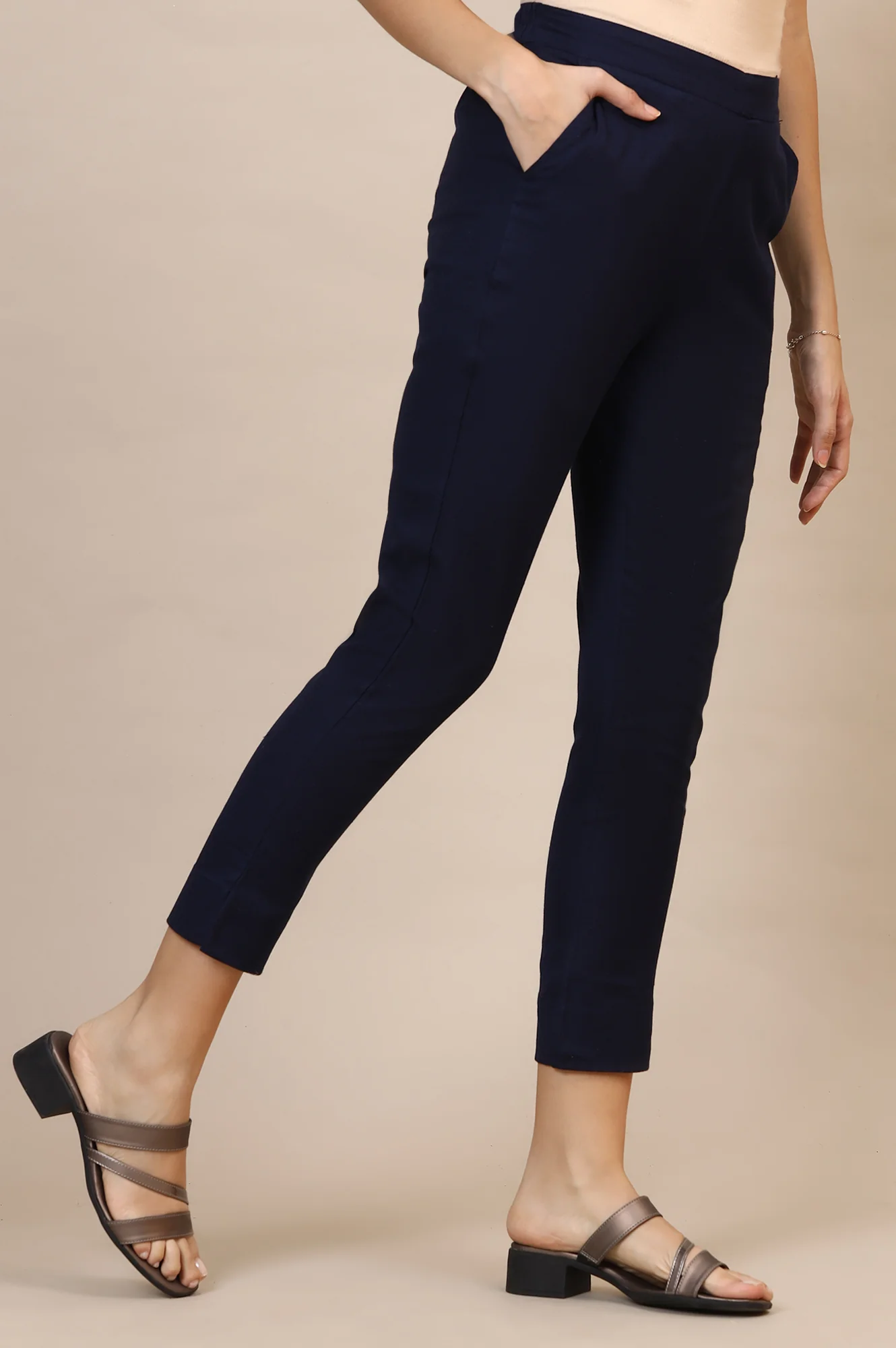 Blue Solid Slim Fit Cotton Trousers With Elasticated Waist - Image 5