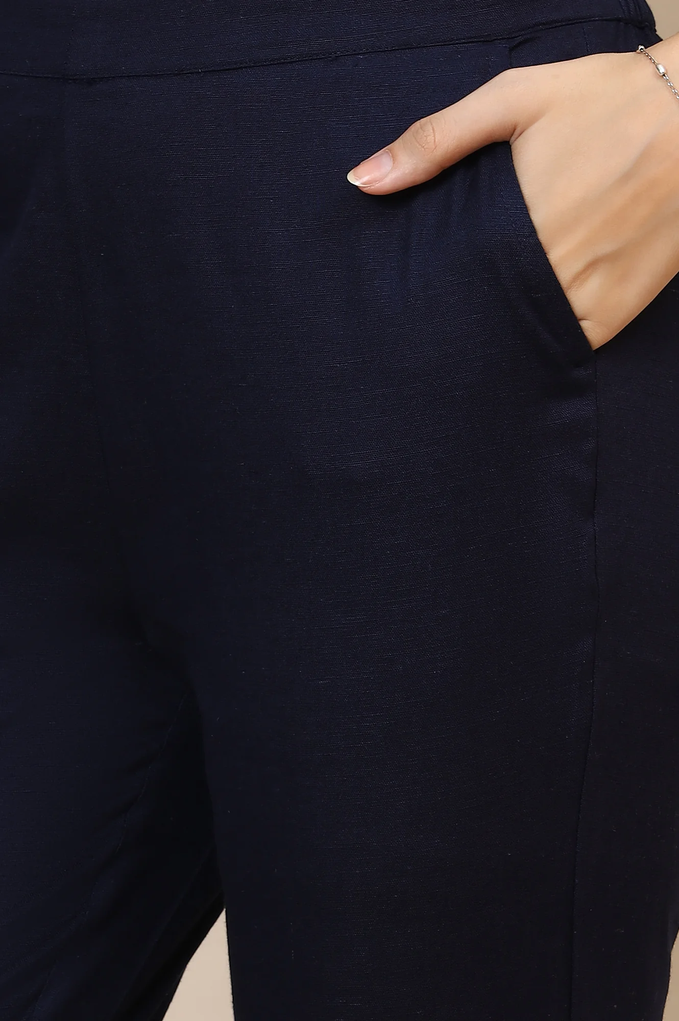 Blue Solid Slim Fit Cotton Trousers With Elasticated Waist - Image 7
