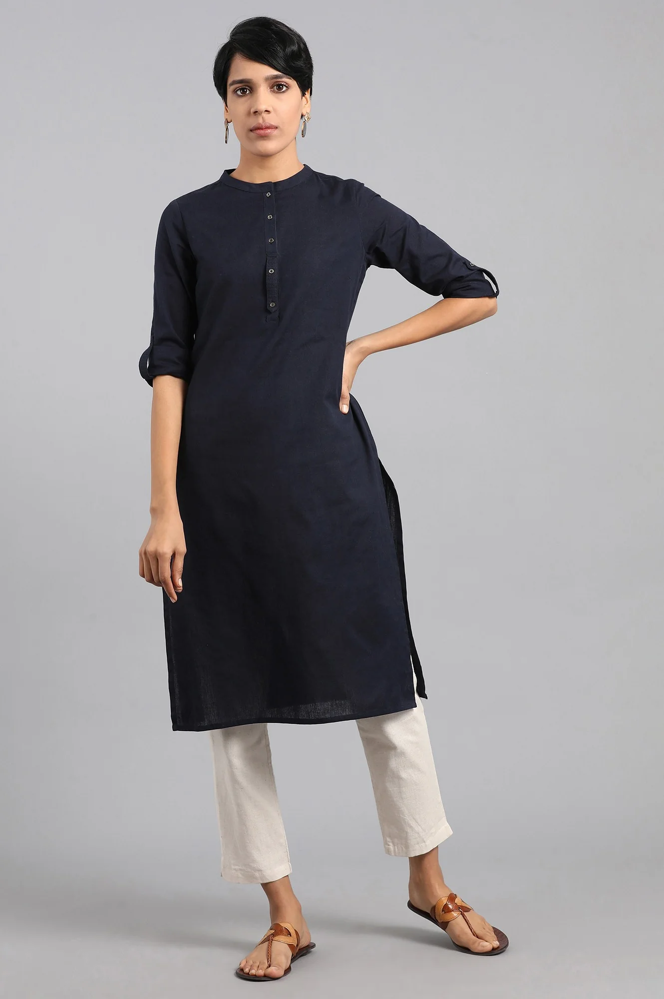 Blue Solid Straight Cotton Flax Kurta
