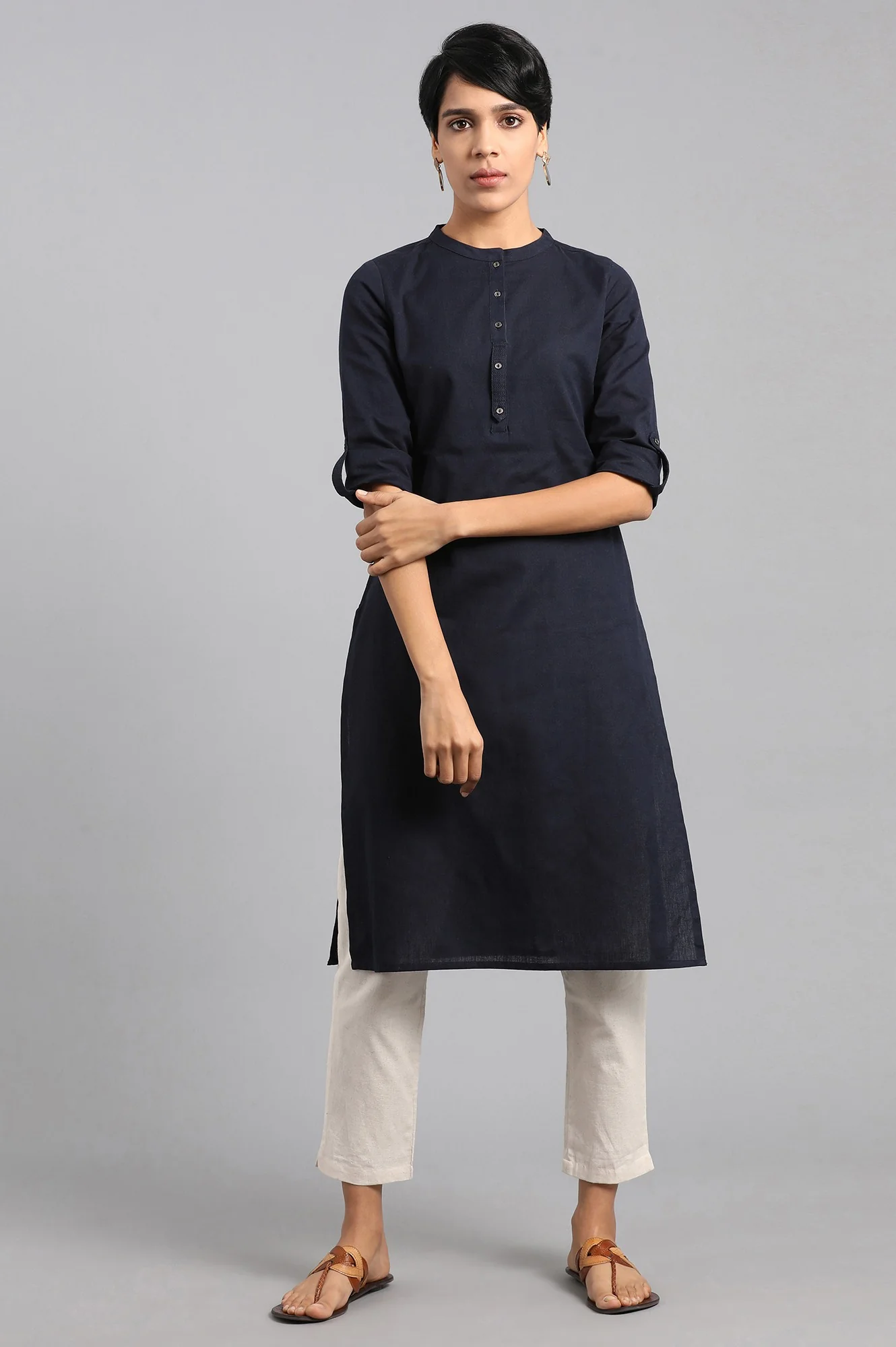 Blue Solid Straight Cotton Flax Kurta - Image 2