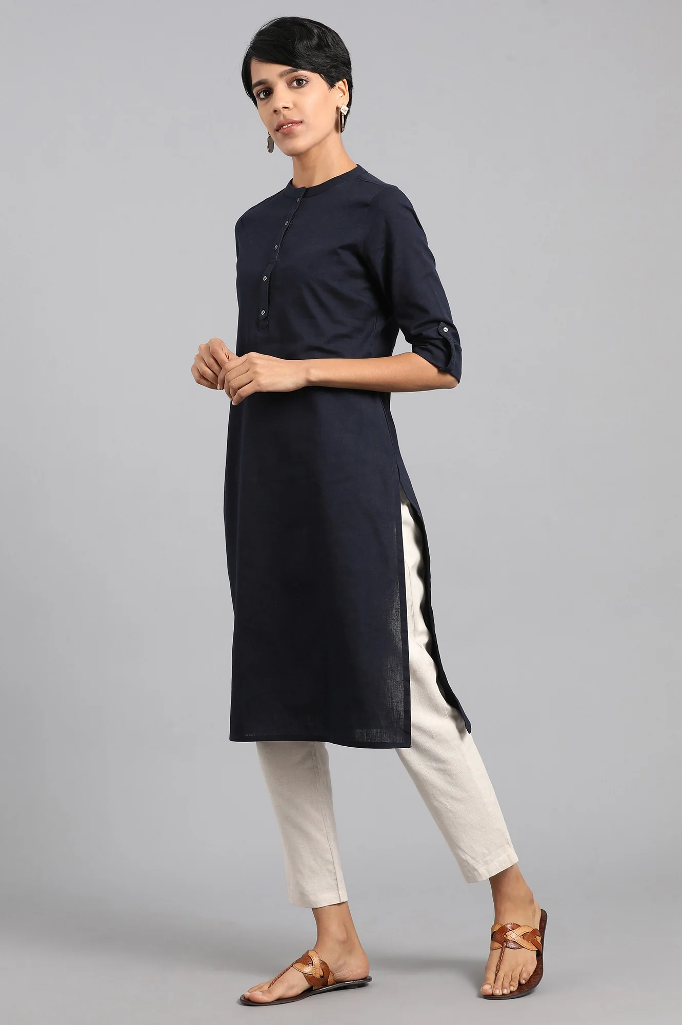 Blue Solid Straight Cotton Flax Kurta - Image 3