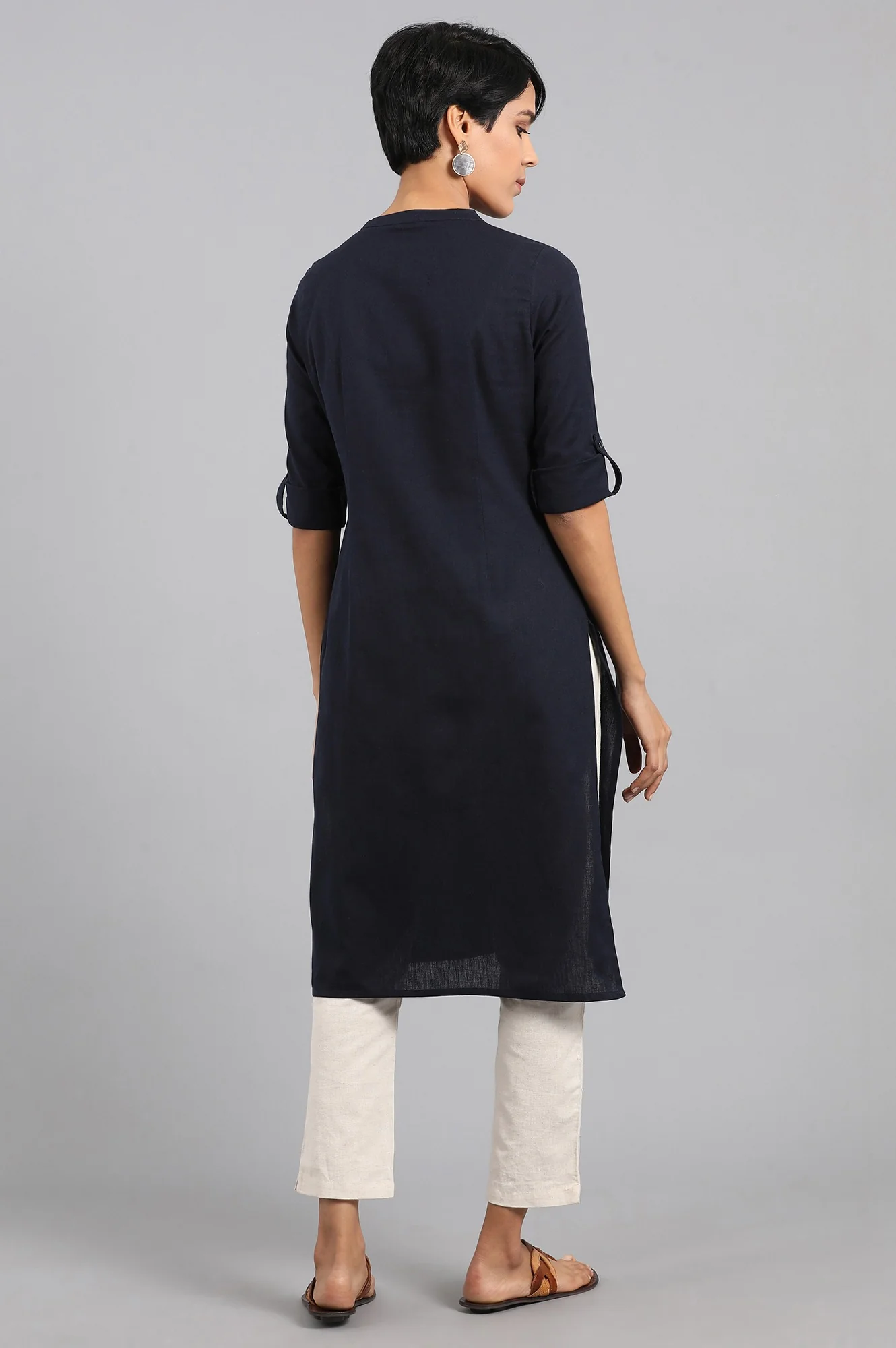 Blue Solid Straight Cotton Flax Kurta - Image 5