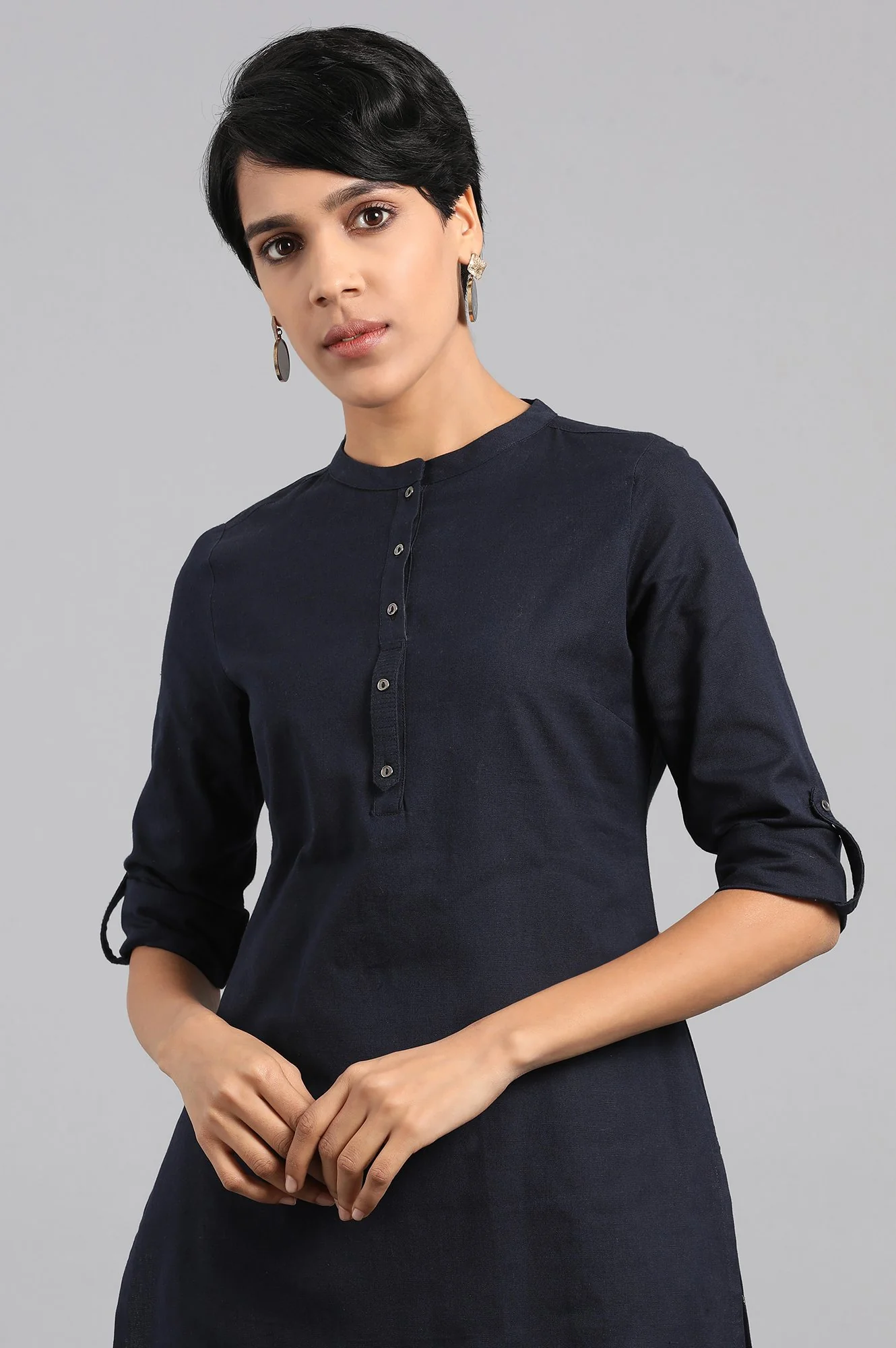 Blue Solid Straight Cotton Flax Kurta - Image 6