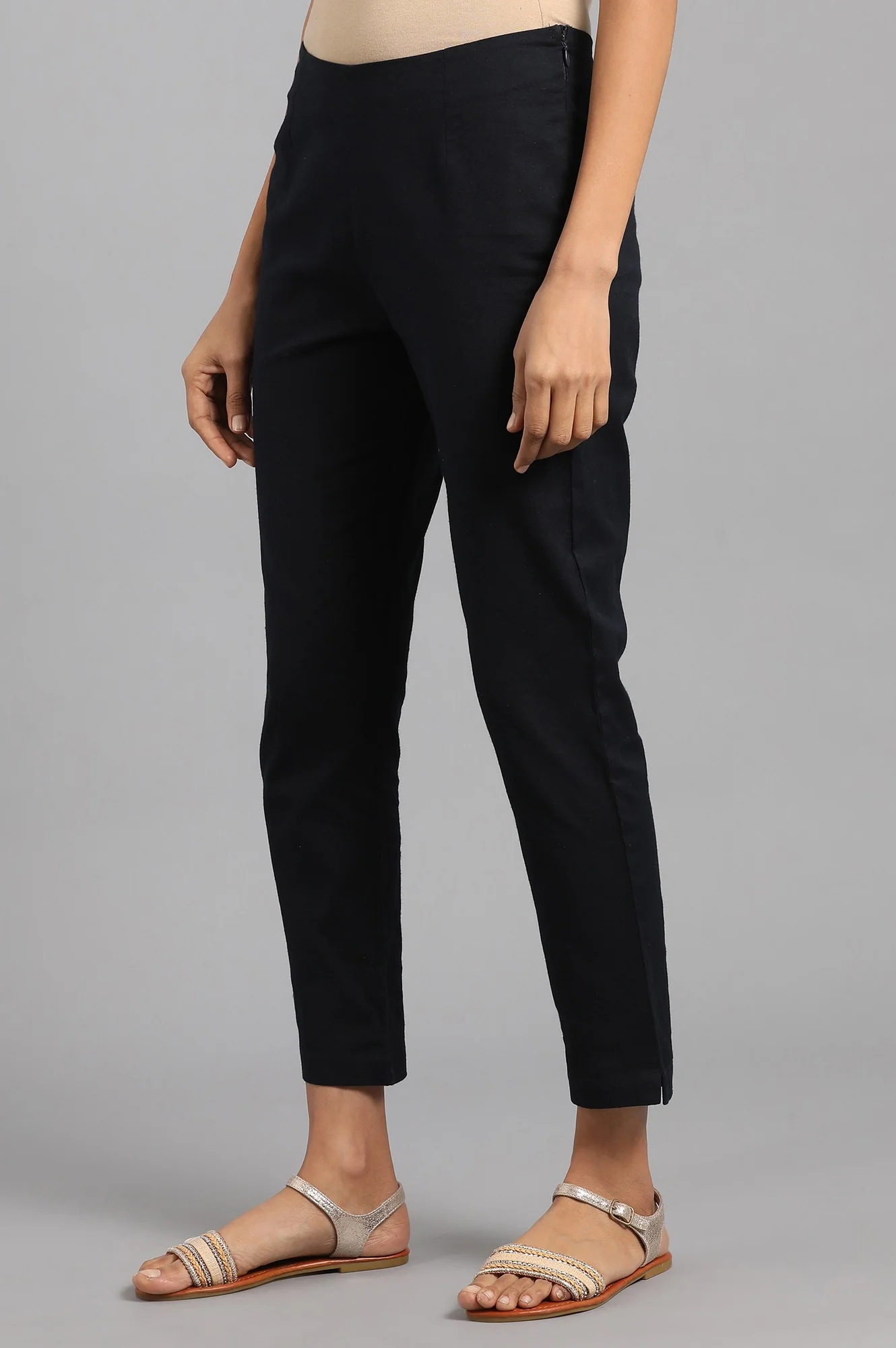 Blue Solid Straight Slim Pants - Image 3