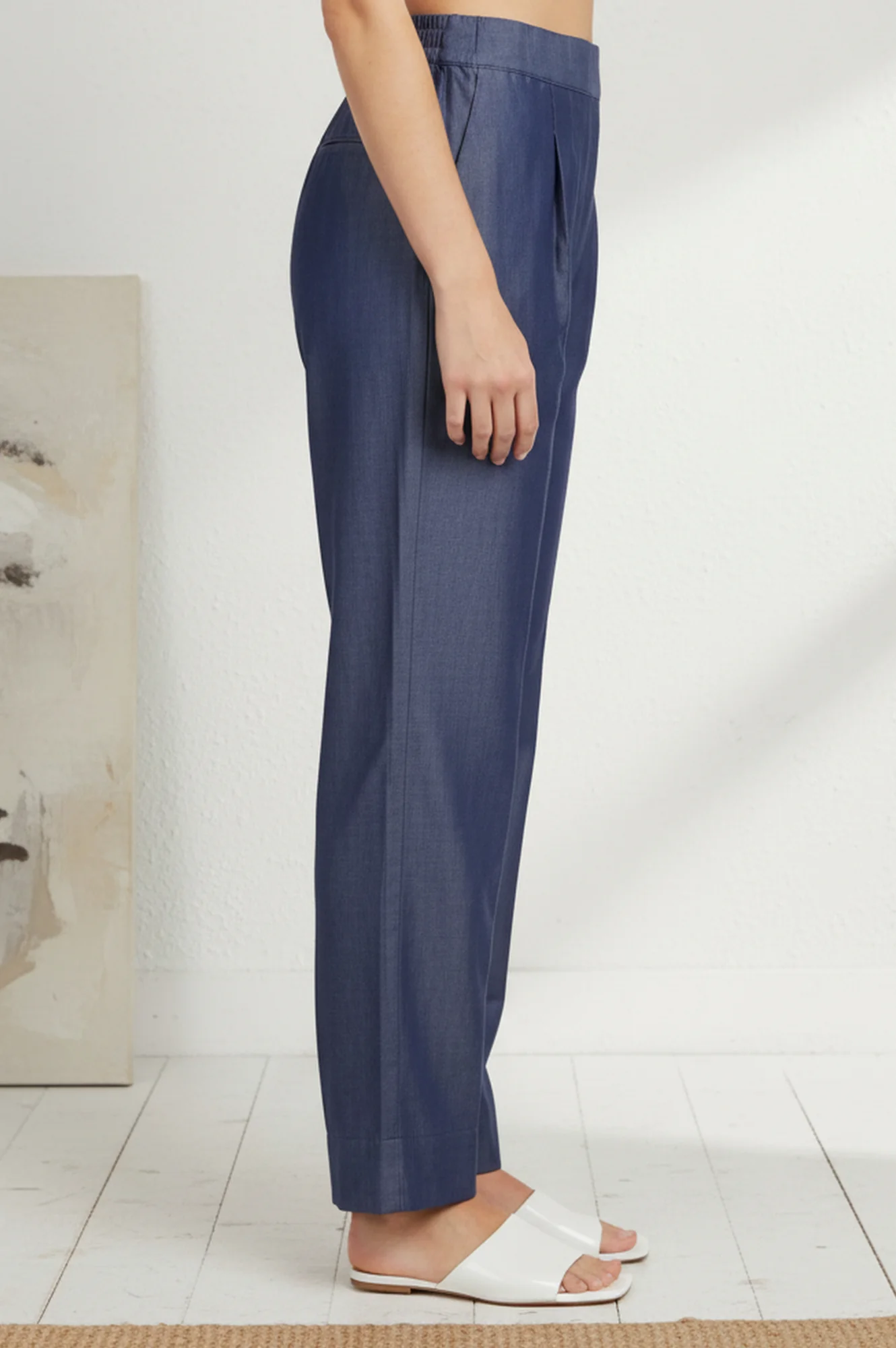 Blue Solid Tencel Relaxed Fit Ankle Length High Rise Pants - Image 5
