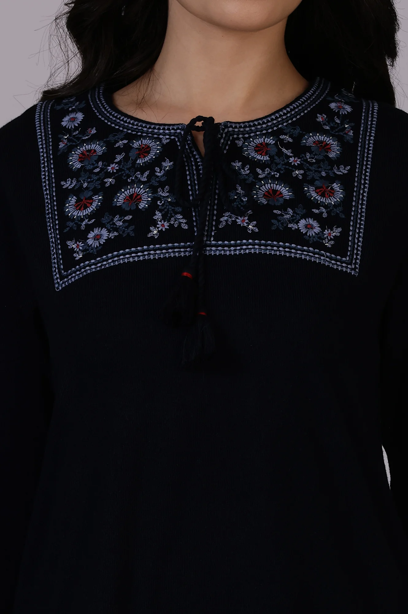 Blue Solid Thread Work Acrylic Straight Tunic - Image 3