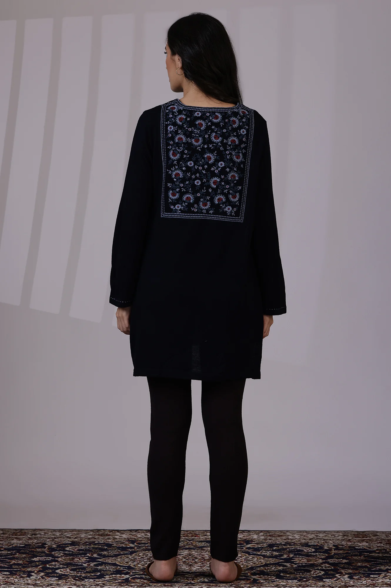 Blue Solid Thread Work Acrylic Straight Tunic - Image 5