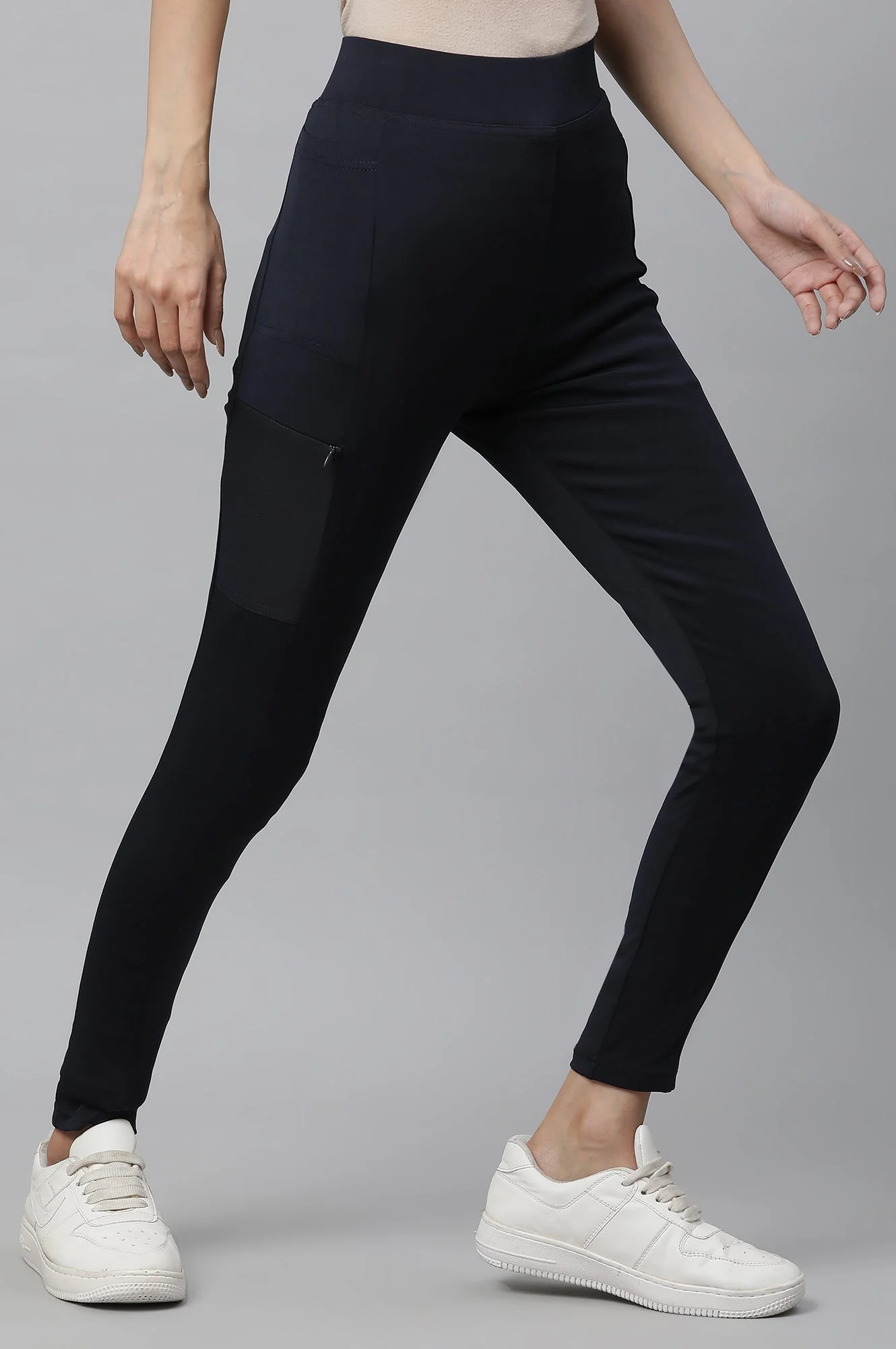 Navy Blue Solid Skinny Fit Tights With Elasticated Waist - Image 4