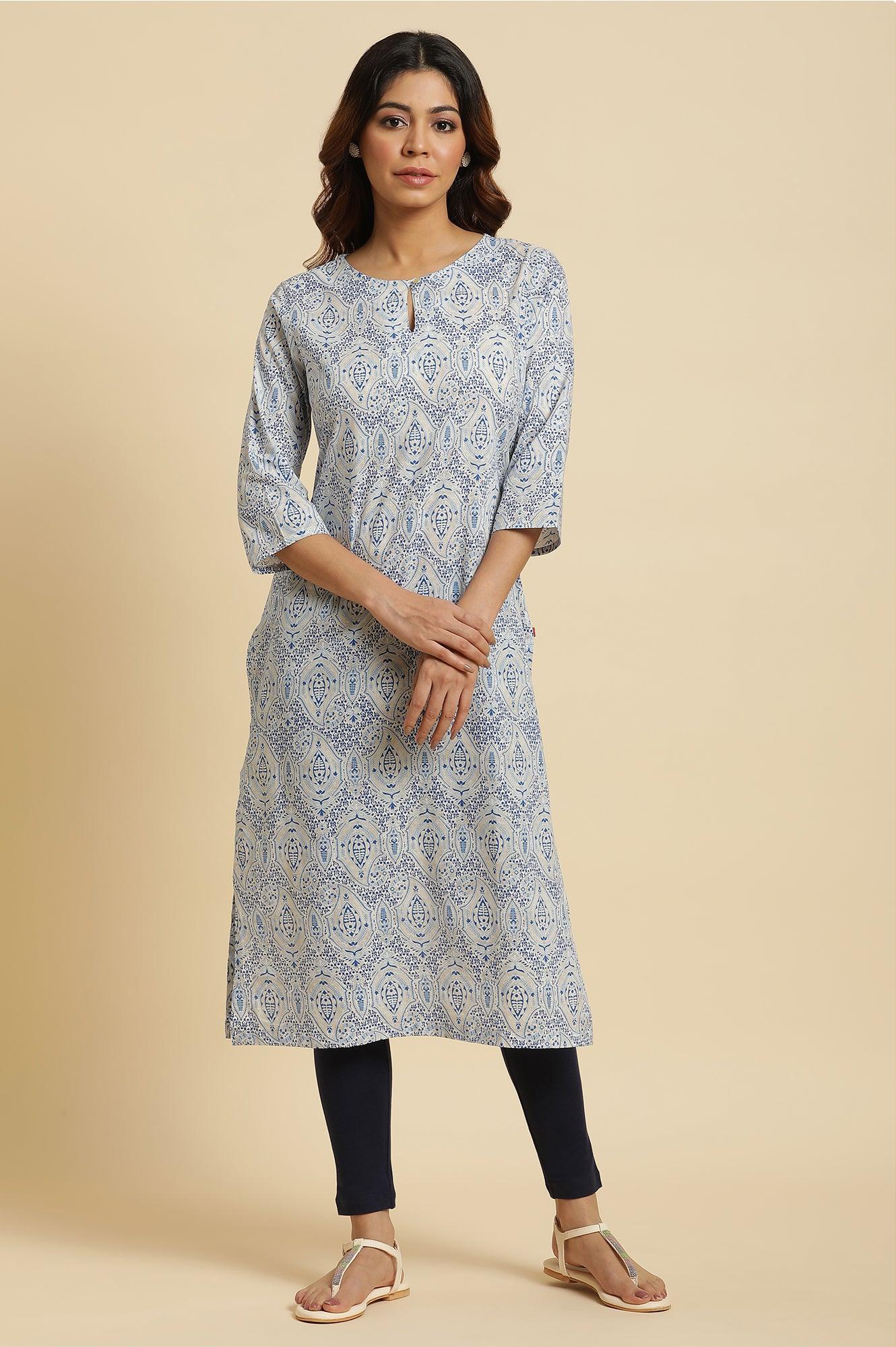 Blue Straight Cotton Kurta In Green Paisley Print - Image 2
