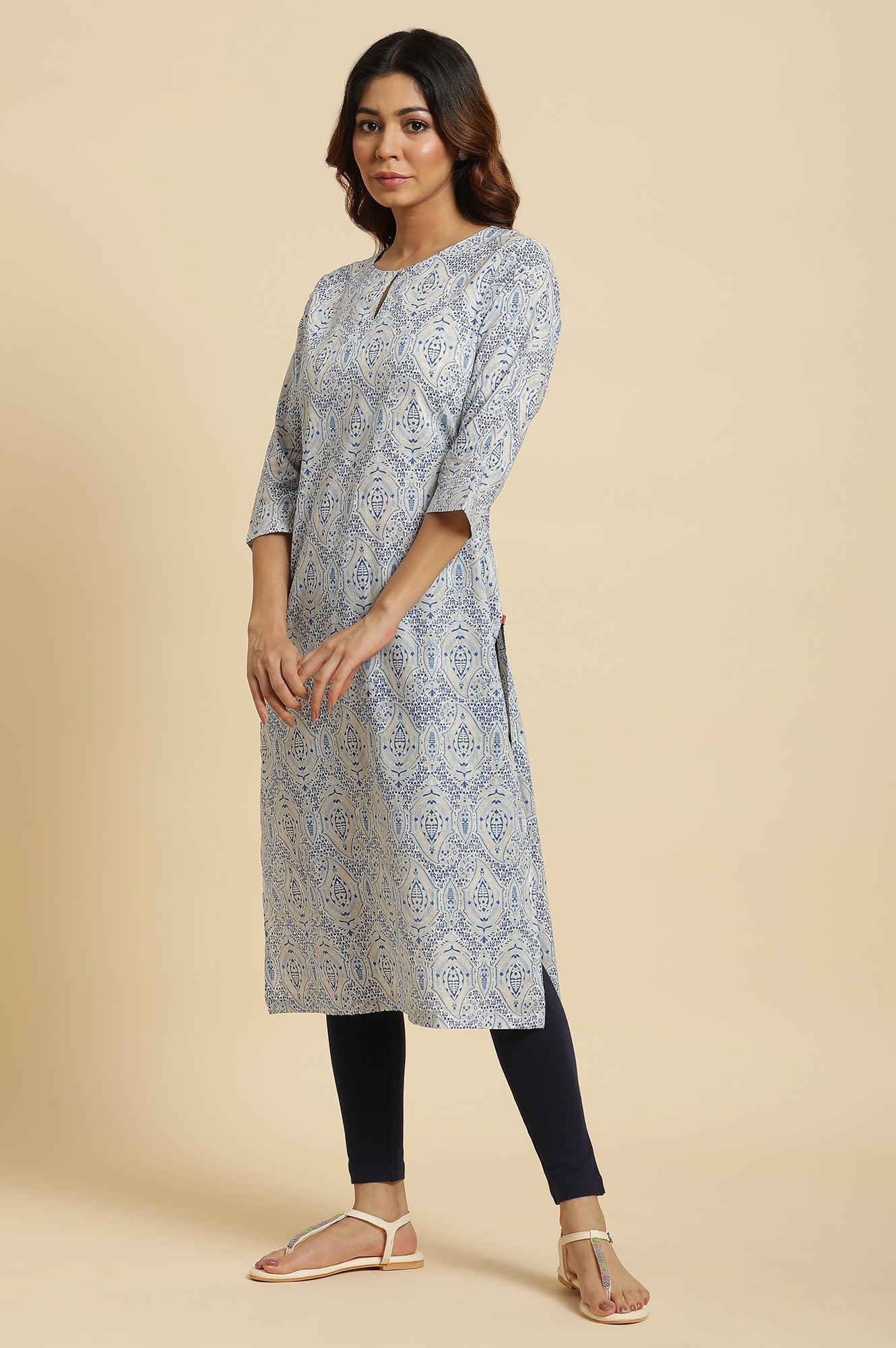 Blue Straight Cotton Kurta In Green Paisley Print - Image 3