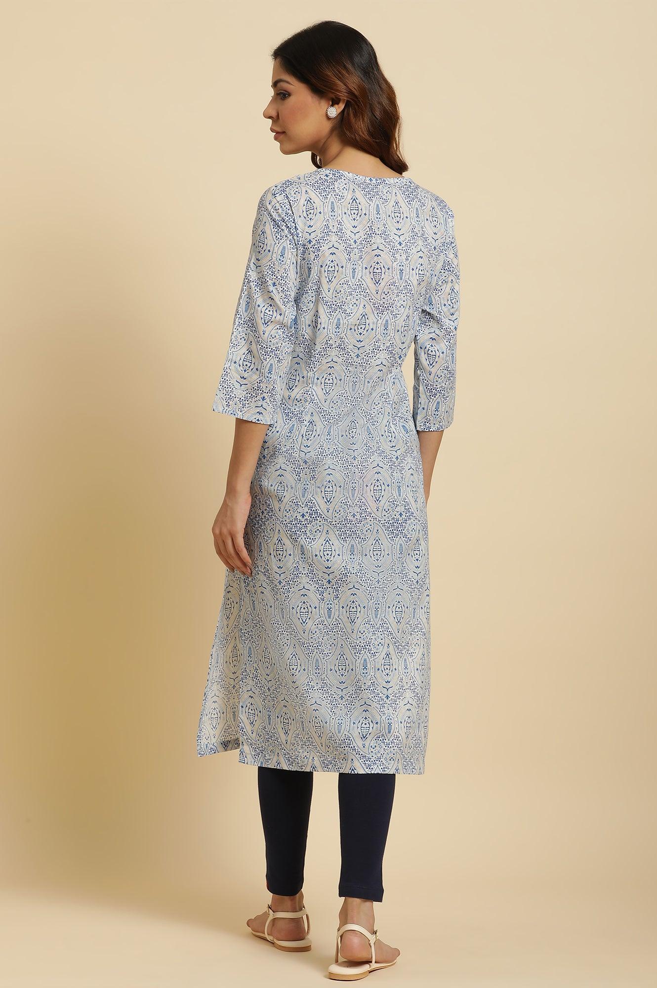 Blue Straight Cotton Kurta In Green Paisley Print - Image 4