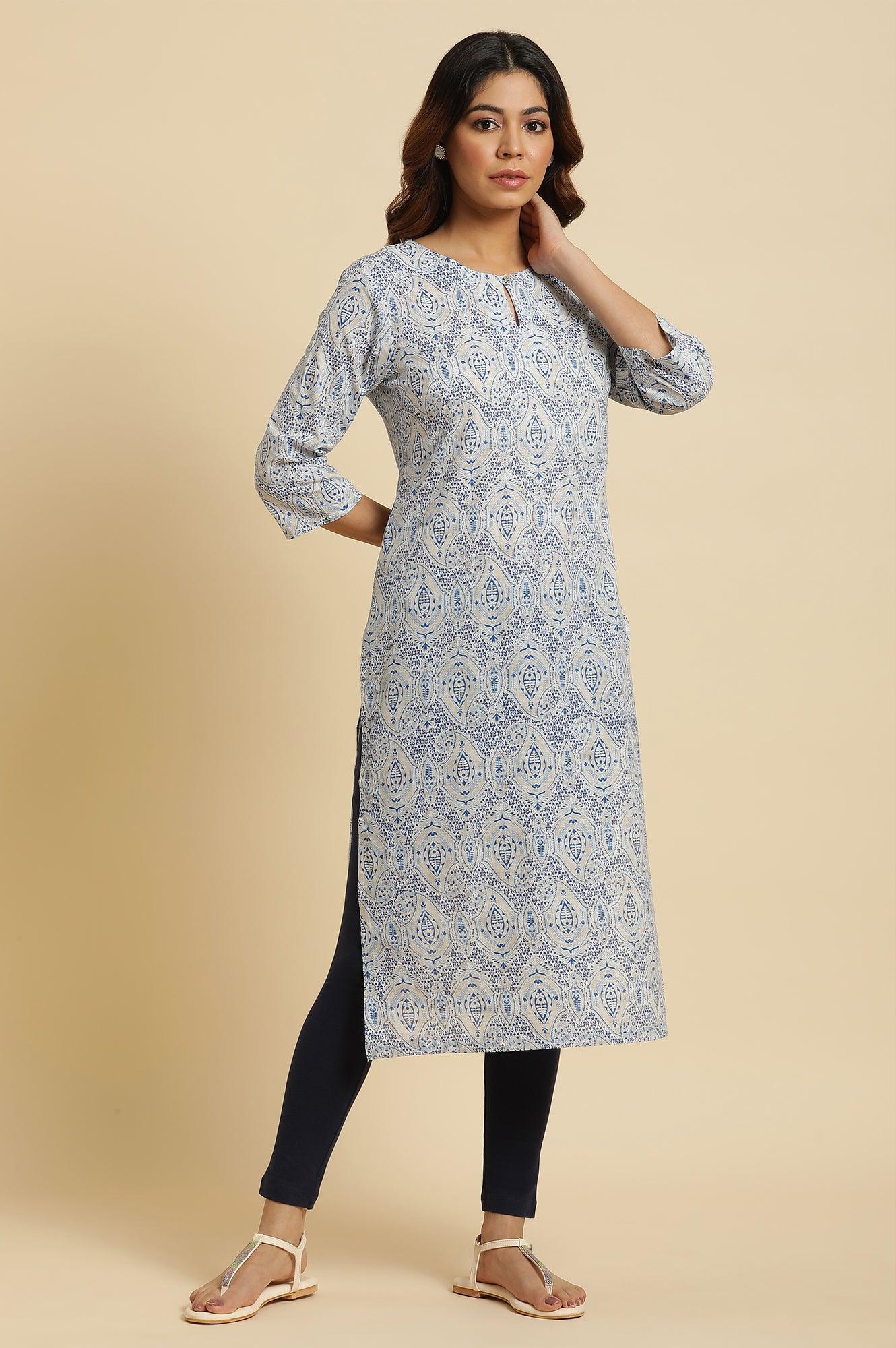 Blue Straight Cotton Kurta In Green Paisley Print - Image 5
