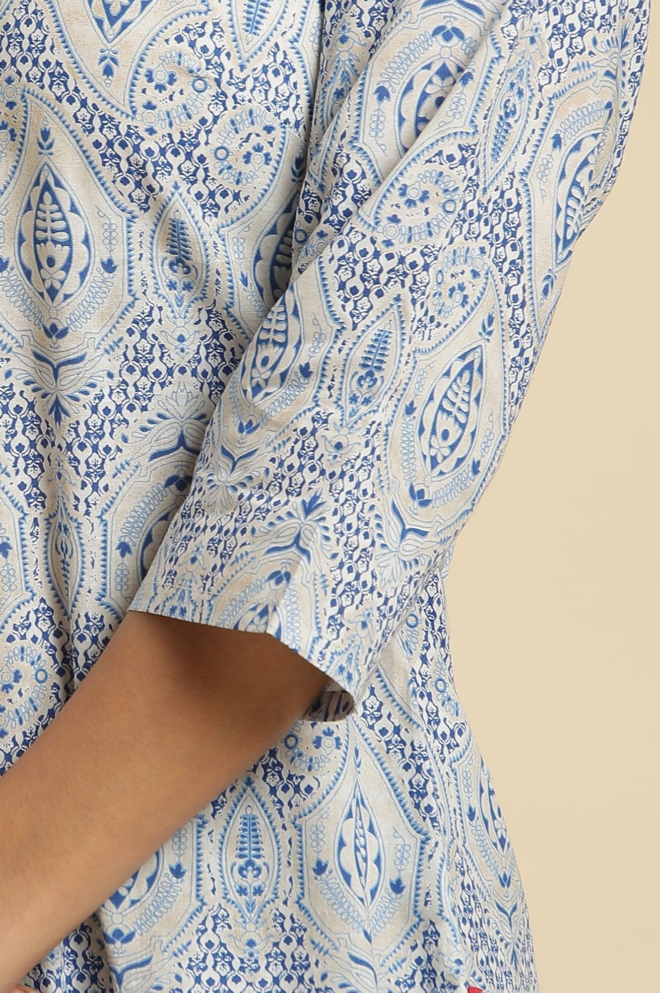 Blue Straight Cotton Kurta In Green Paisley Print - Image 7