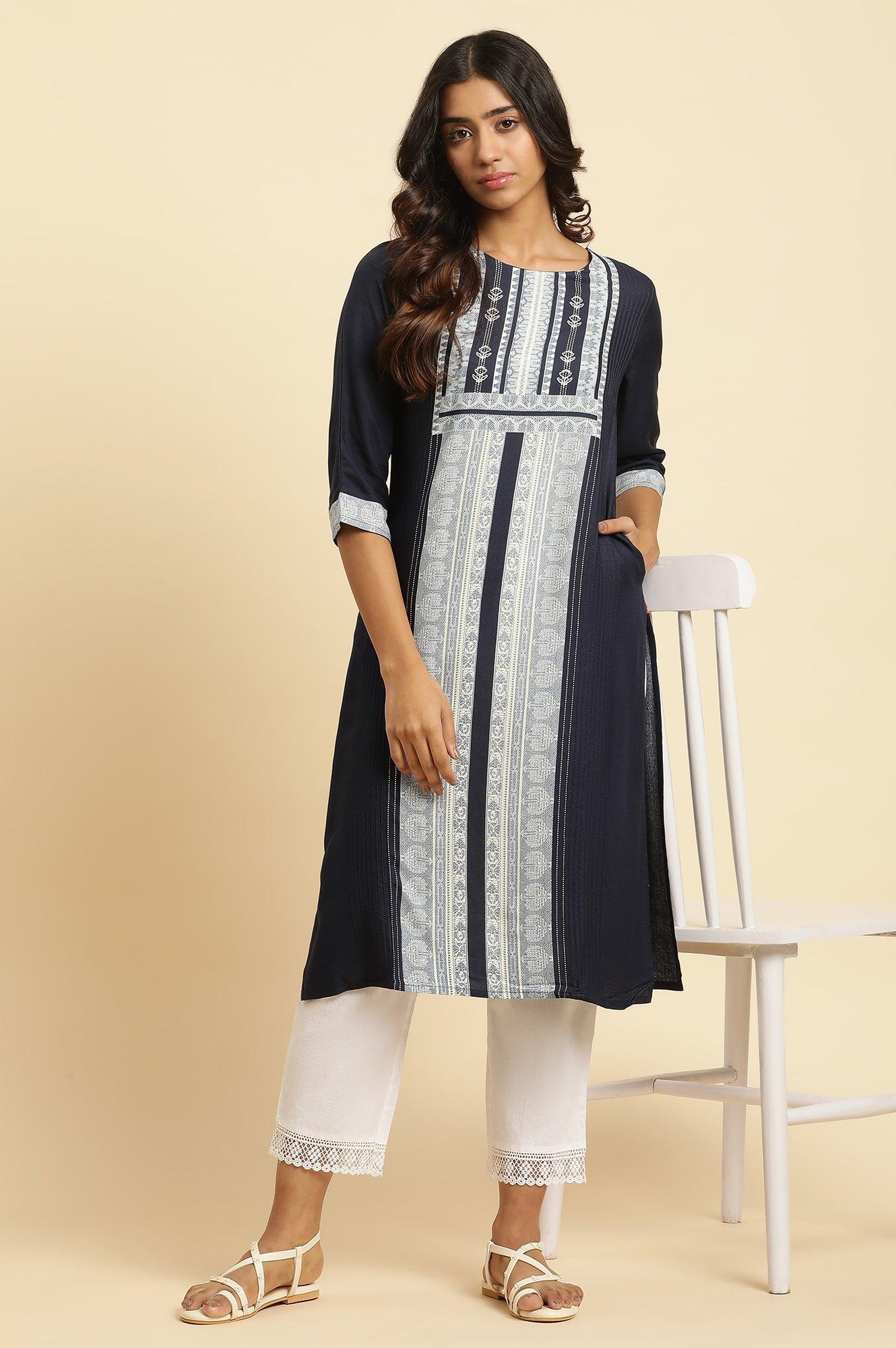 Blue Straight Kurta With Printed Front Panel