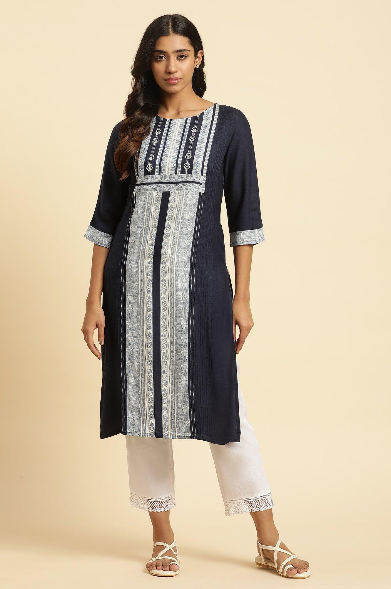 Blue Straight Kurta With Printed Front Panel - Image 2