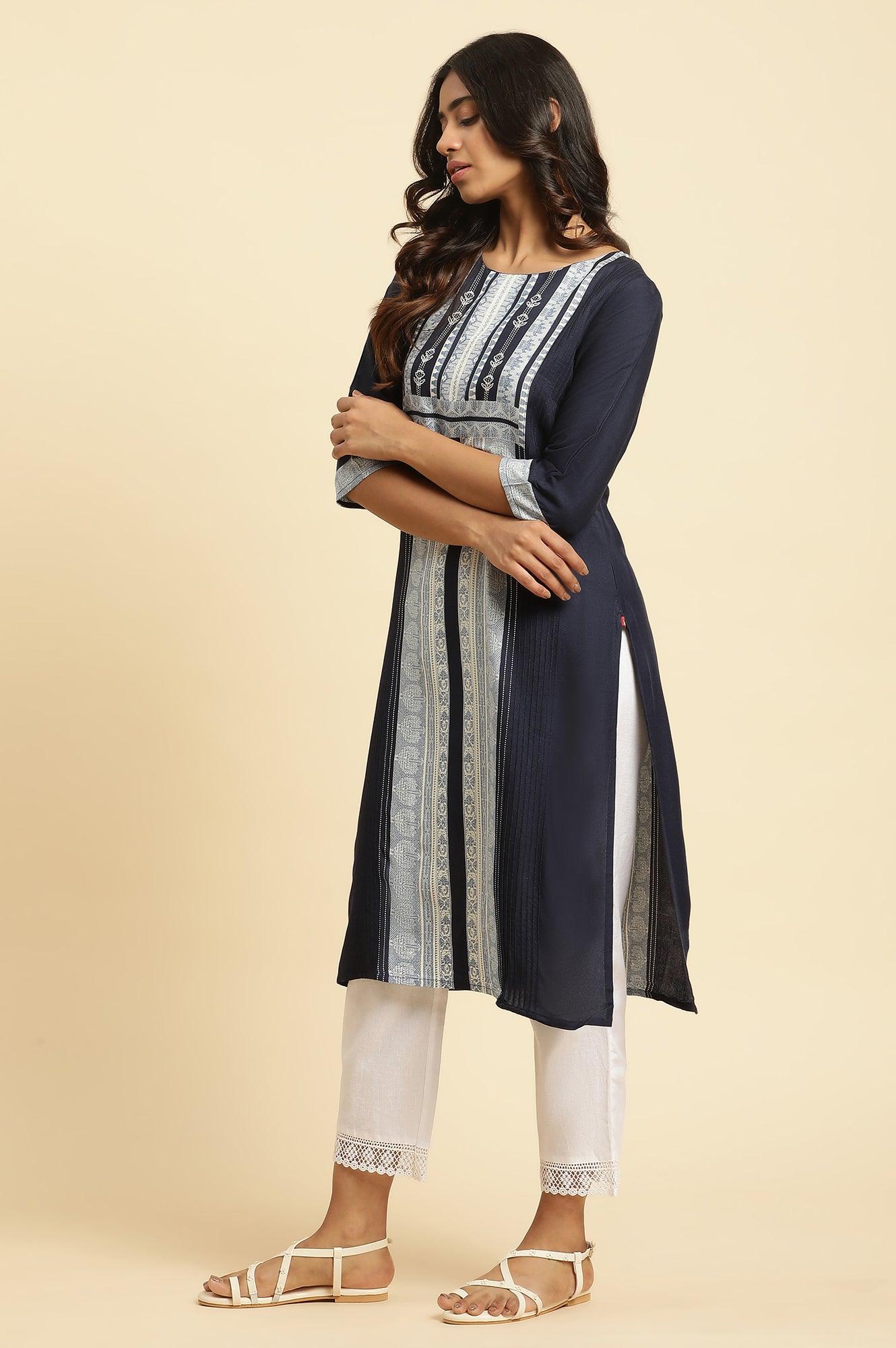 Blue Straight Kurta With Printed Front Panel - Image 3