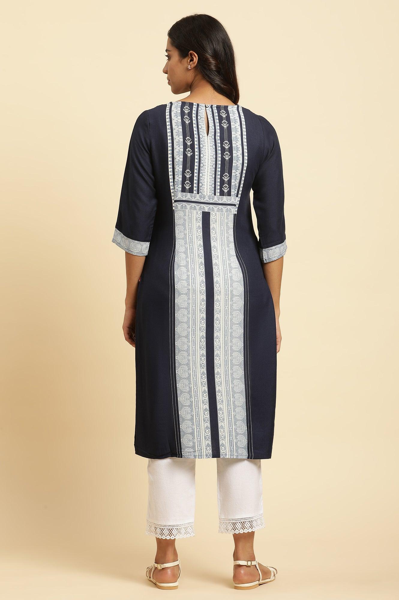 Blue Straight Kurta With Printed Front Panel - Image 4