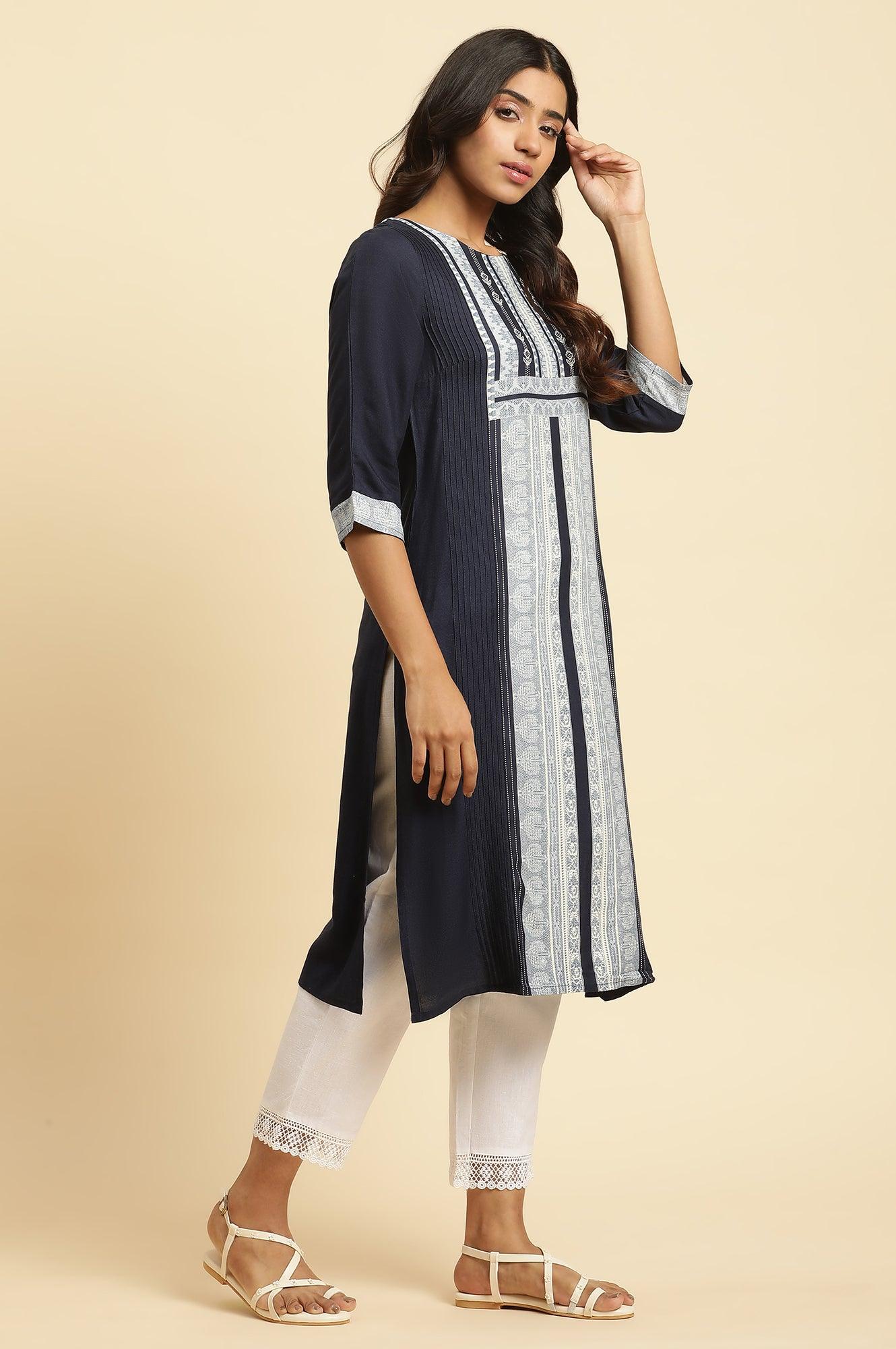 Blue Straight Kurta With Printed Front Panel - Image 5