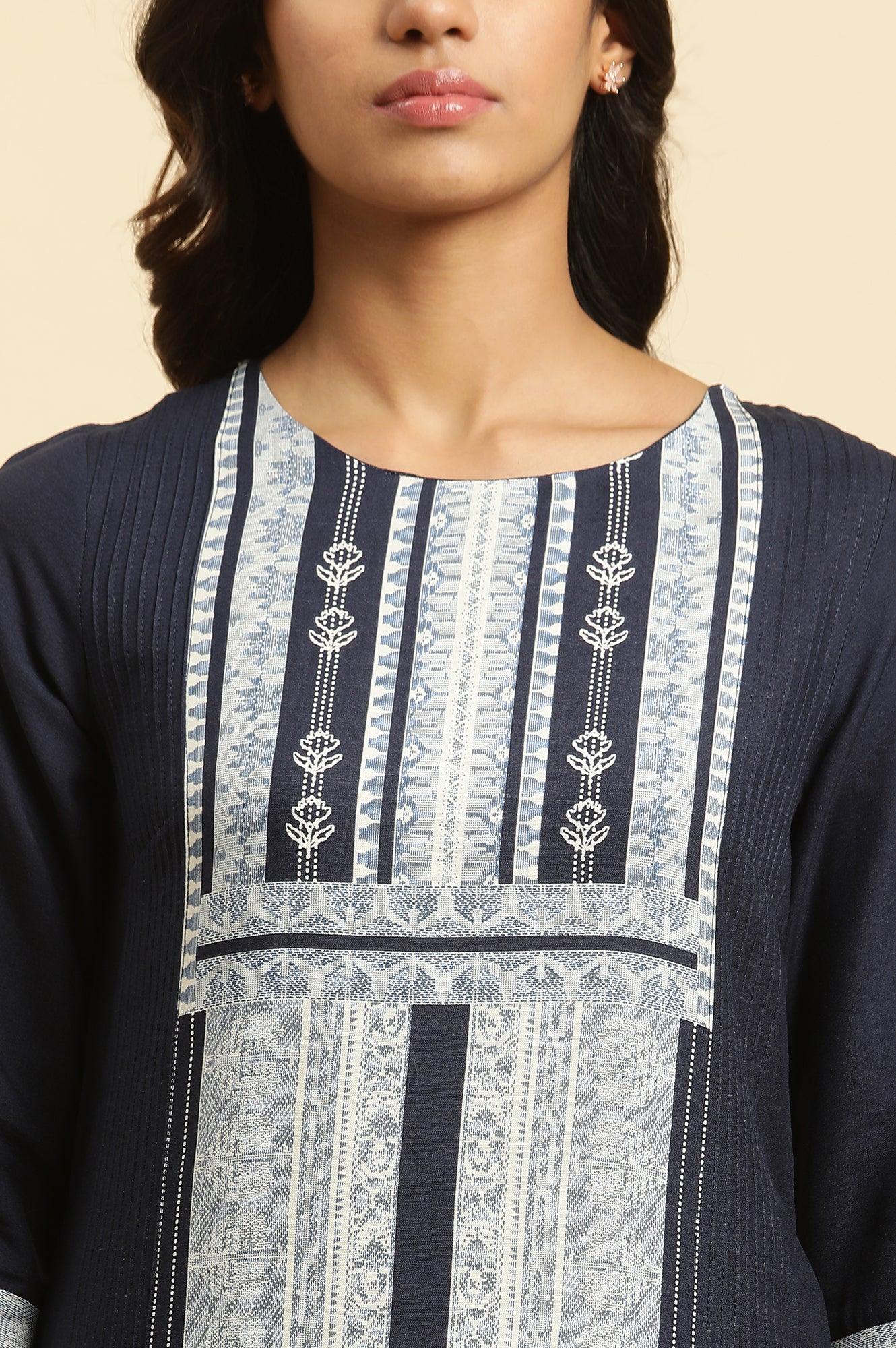 Blue Straight Kurta With Printed Front Panel - Image 6