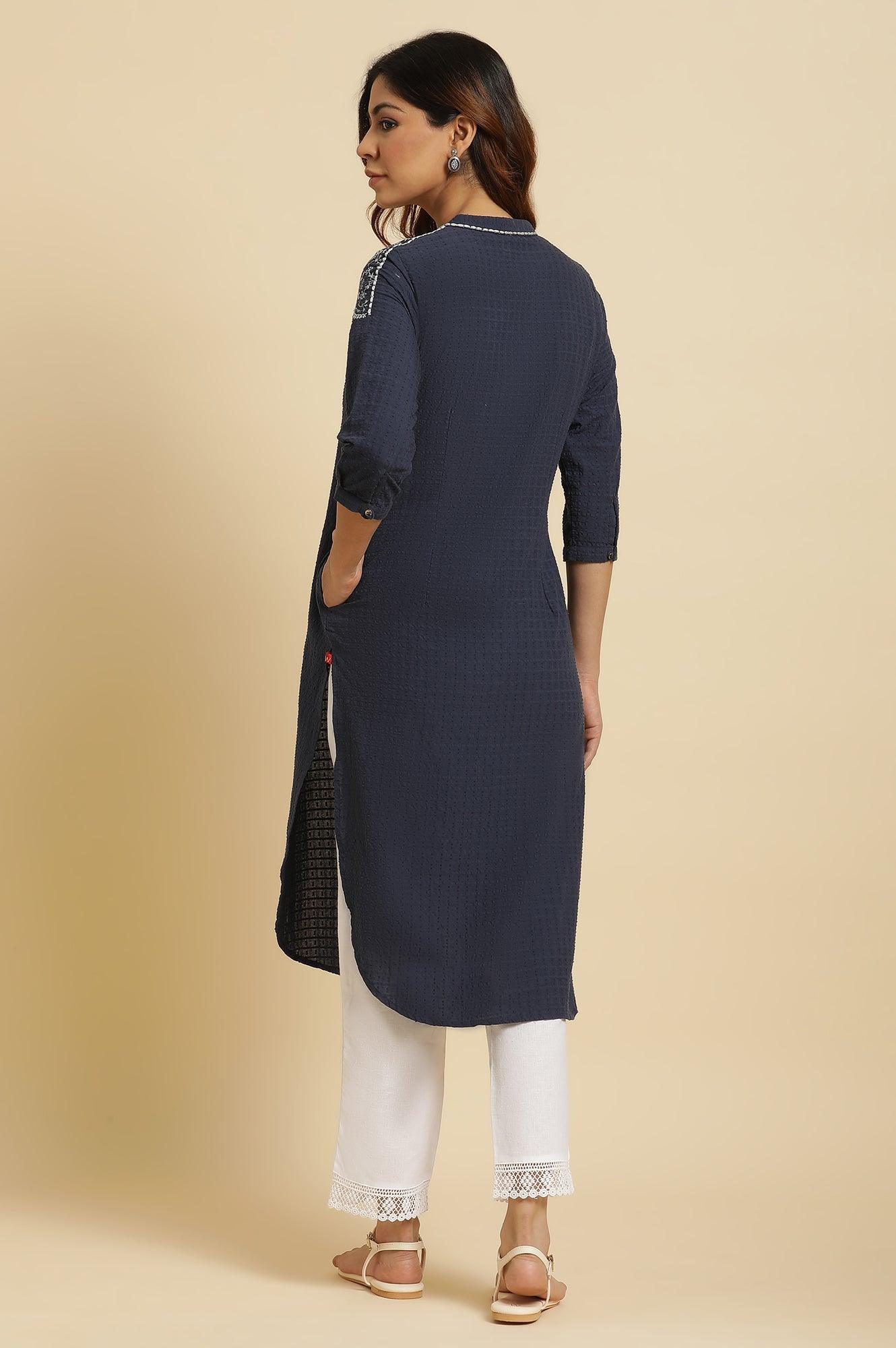 Blue Straight Kurta With Thread Embroidery - Image 4