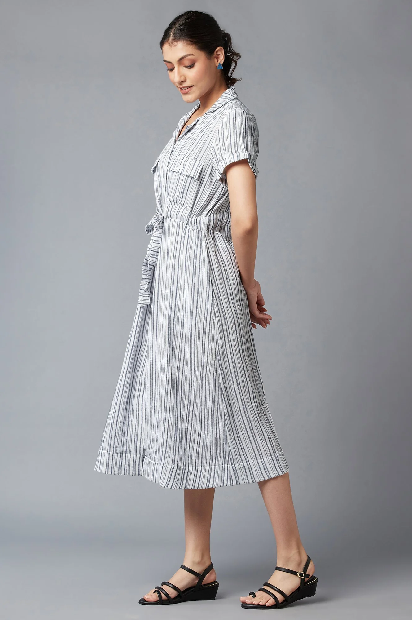 Blue Stripe Print Lapel Collar Dress - Image 3