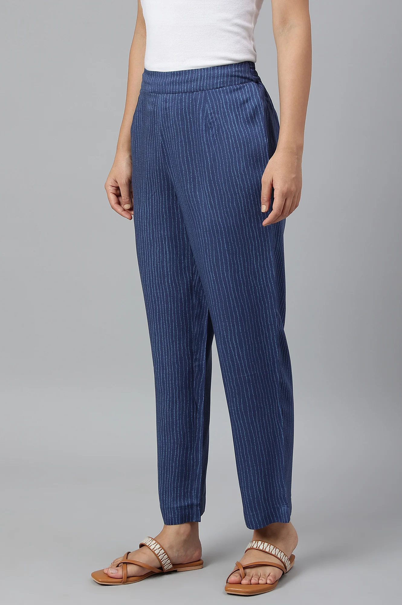 Blue Stripe Print Women Straight Pants - Image 2