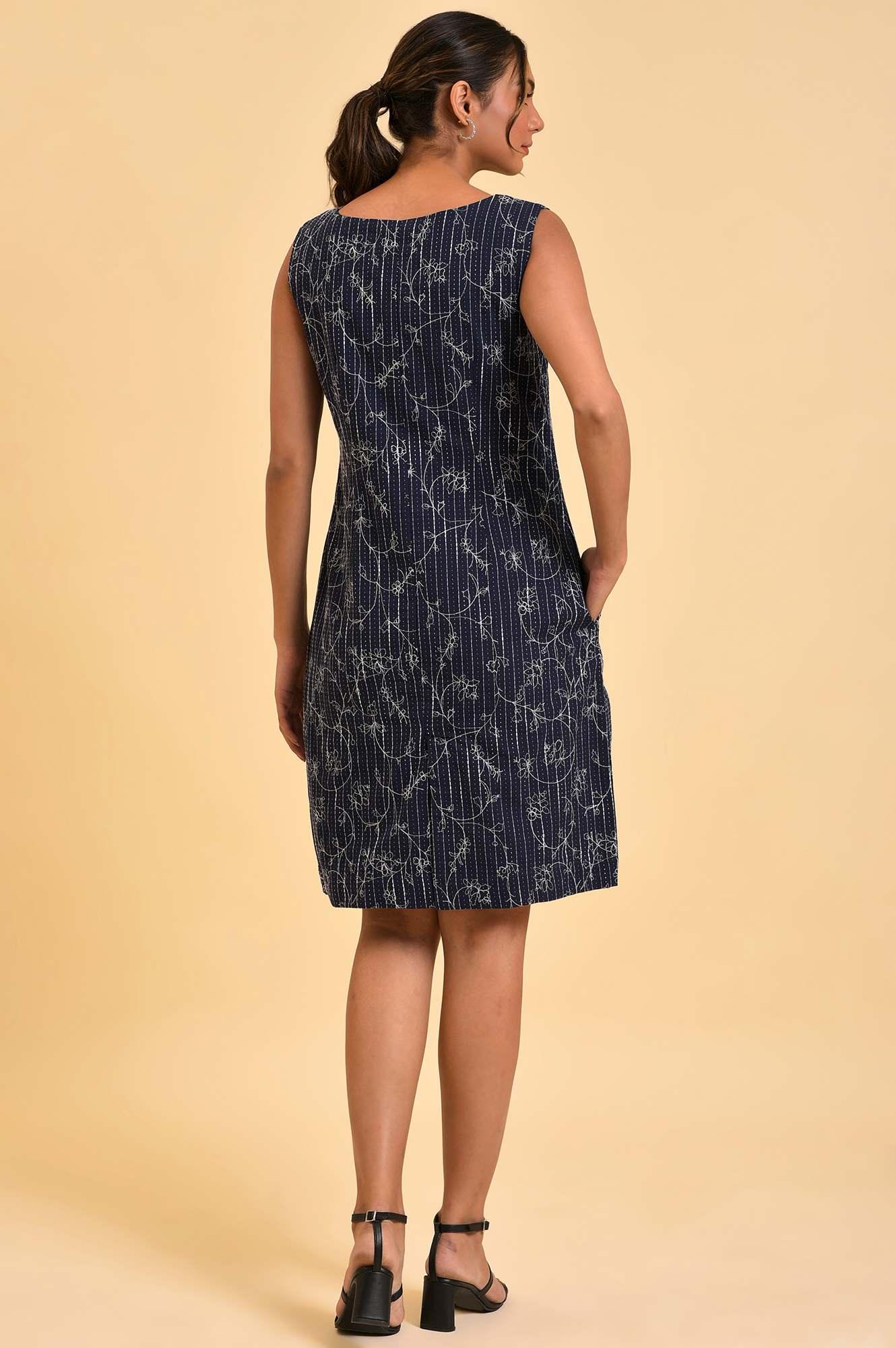 Blue Striped & Embroidered Sheath Dress - Image 2