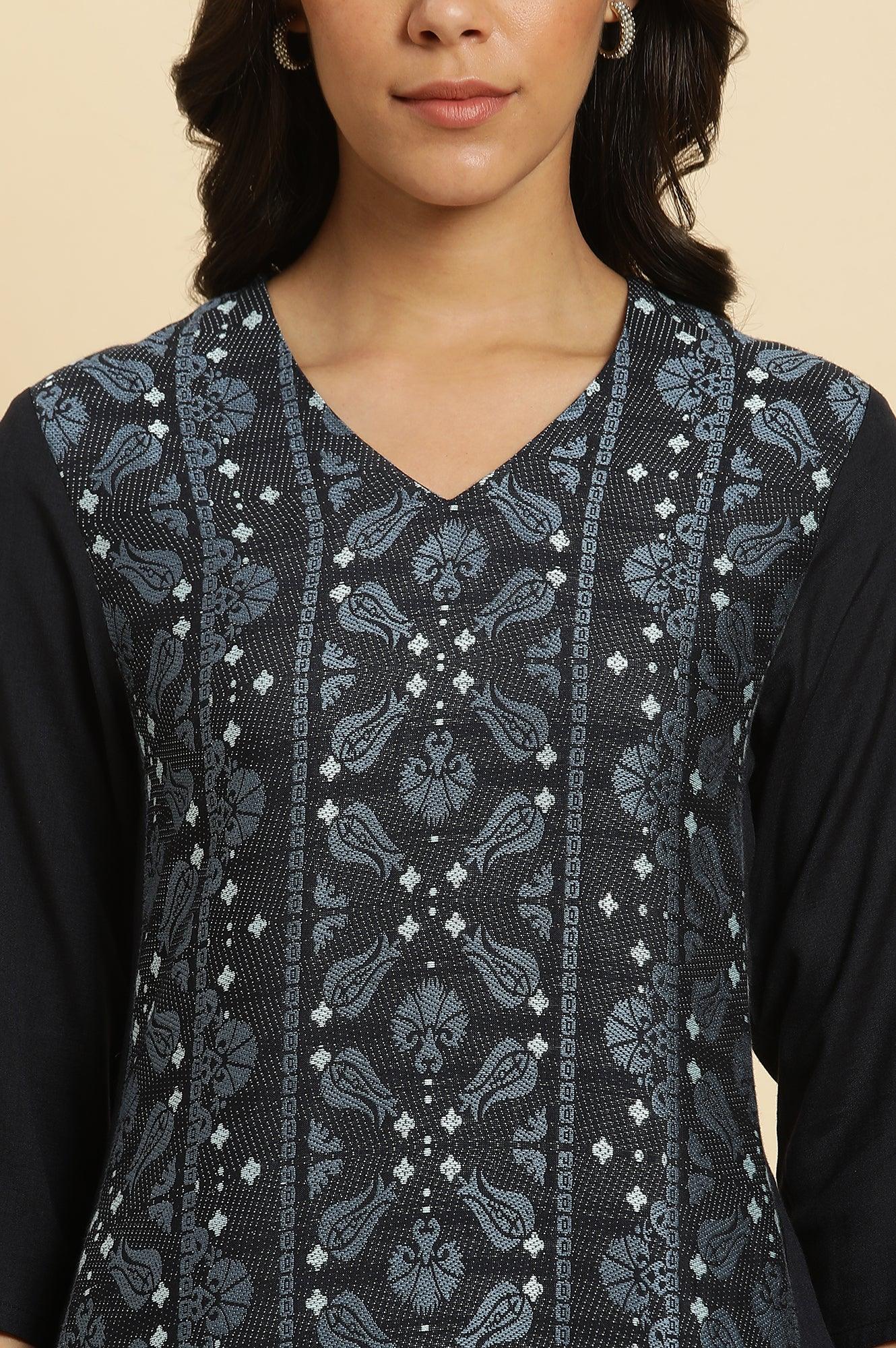 Blue Suzani Motif Dobby Straight Kurta - Image 6