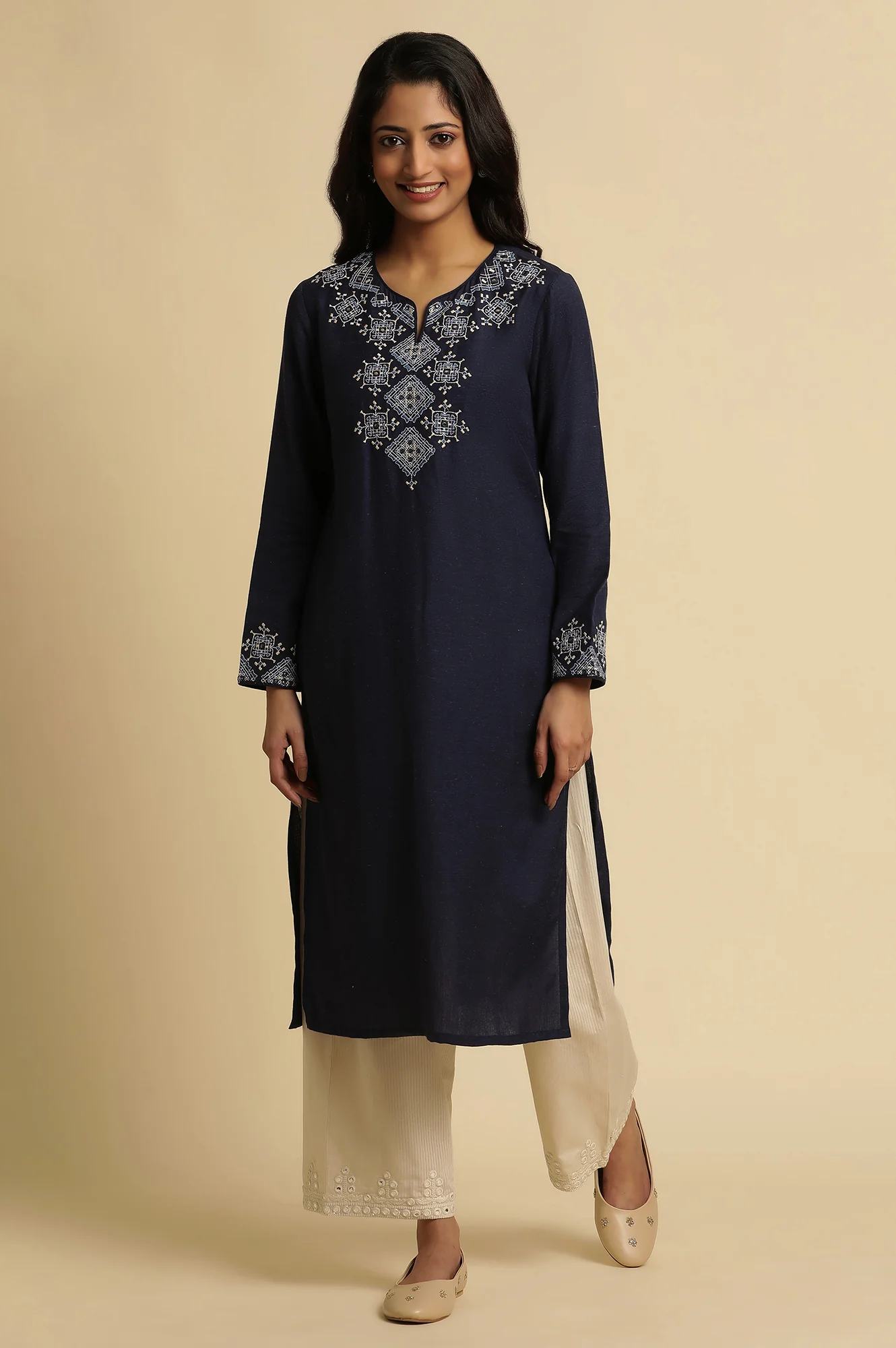 Blue Thread Embroidered Straight Kurta - Image 2