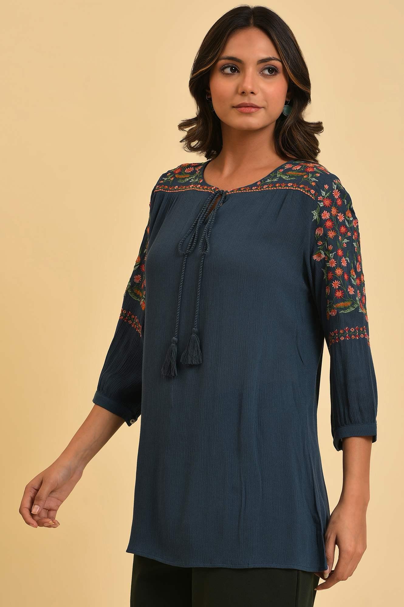 Blue Thread Embroidered Western Top - Image 3