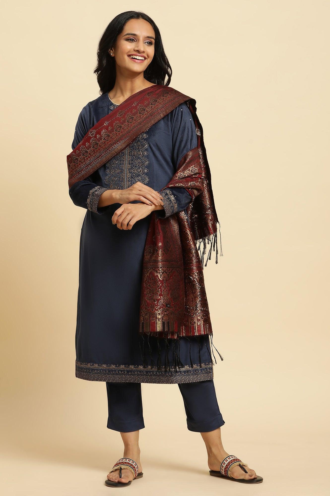 Blue Velvet Embroidered Kurta, Pants And Jacquard Dupatta Set - Image 2