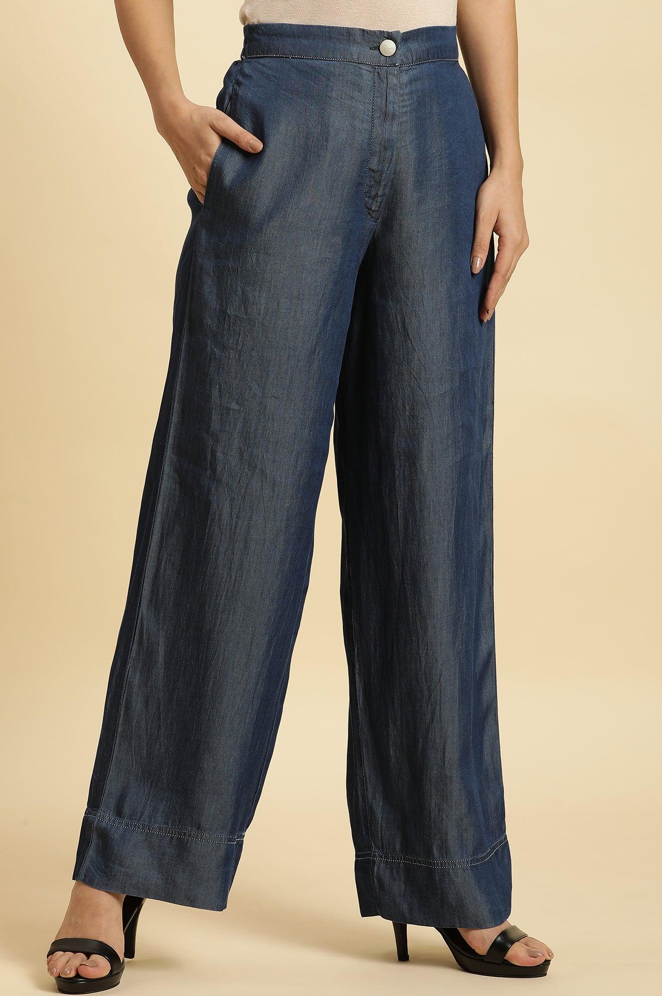 Blue Wide Leg Denim Flared Pants - Image 4