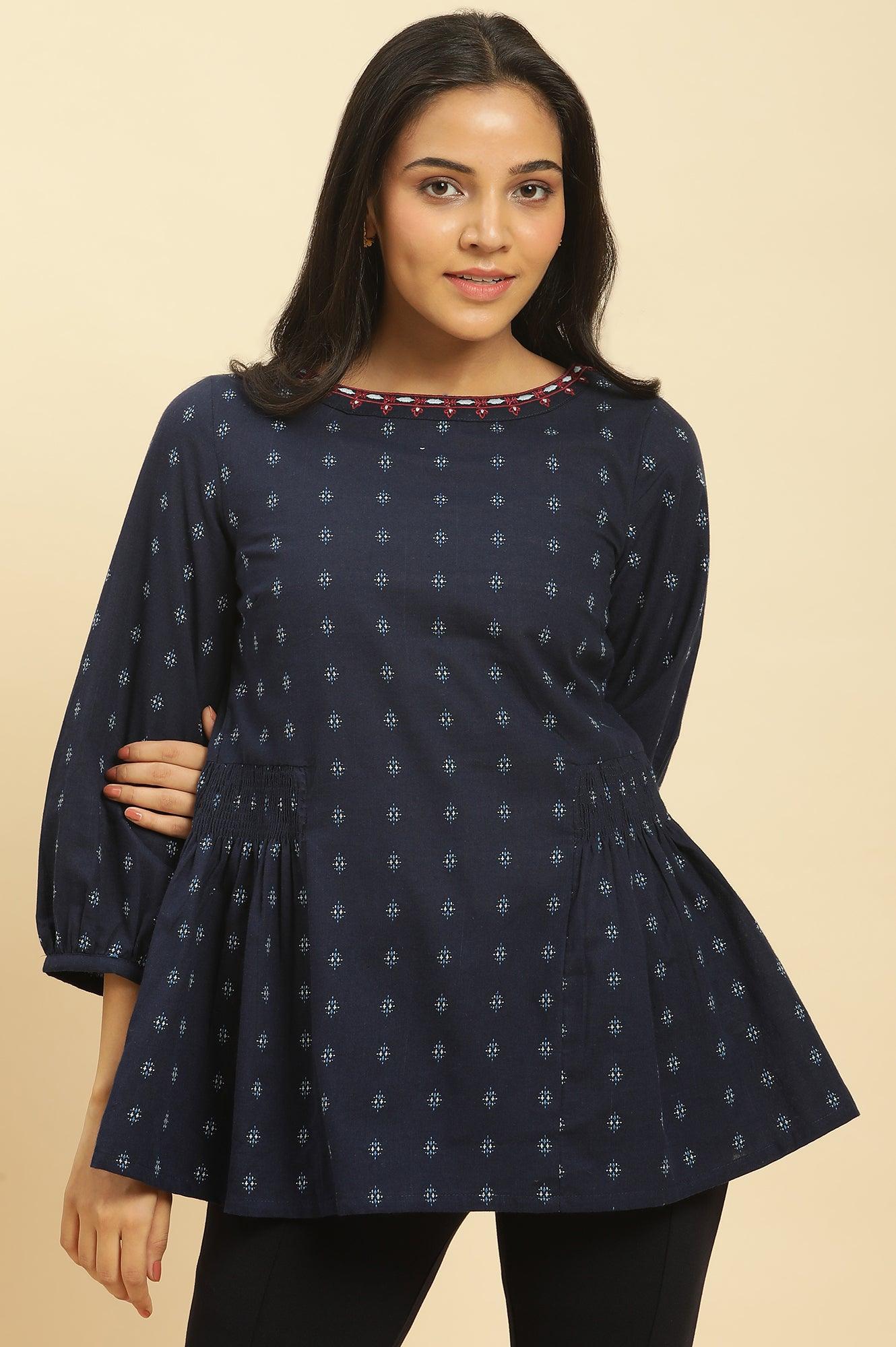 Blue Yarn Dyed Smocked Straight Top