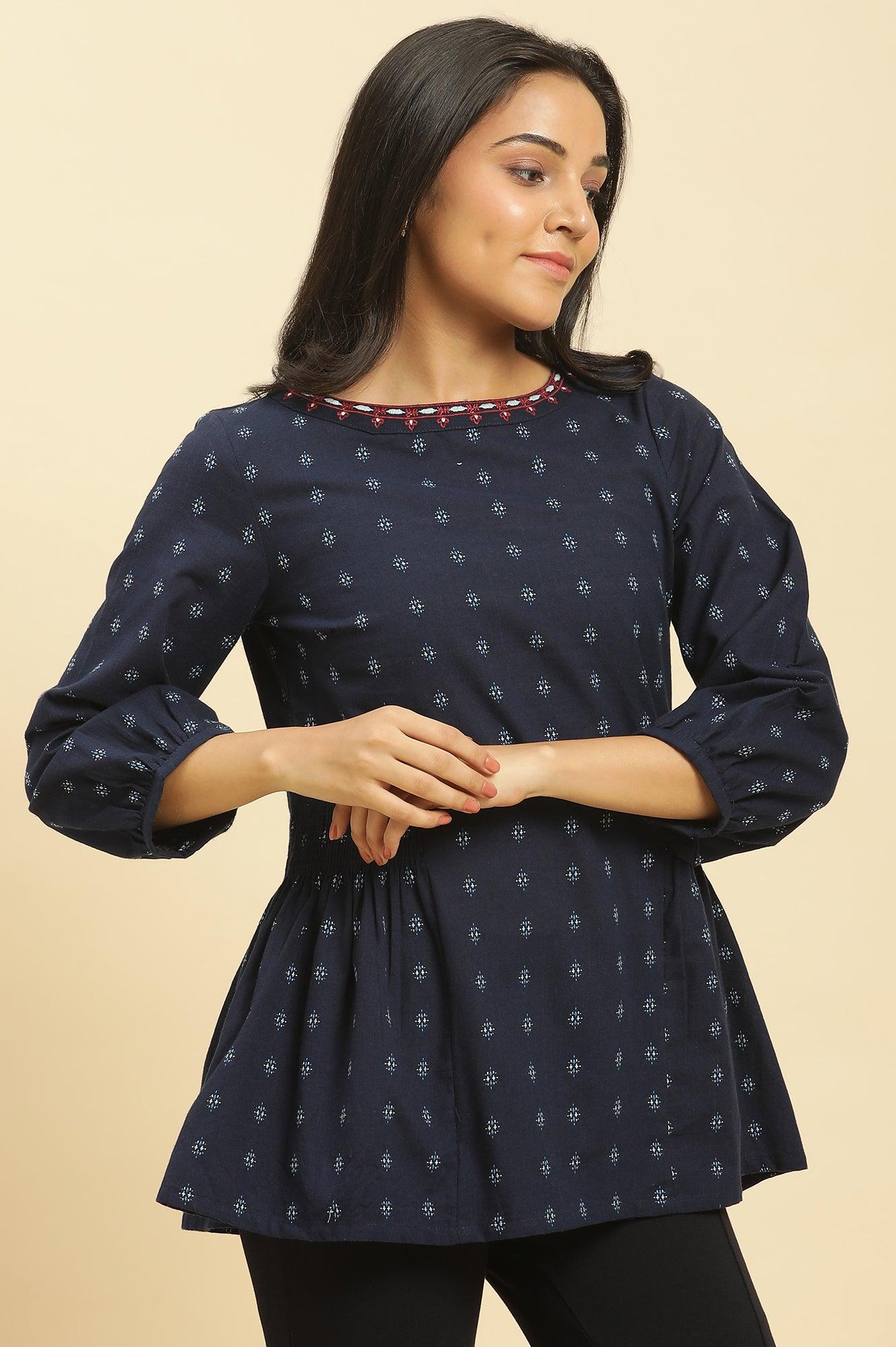 Blue Yarn Dyed Smocked Straight Top - Image 4