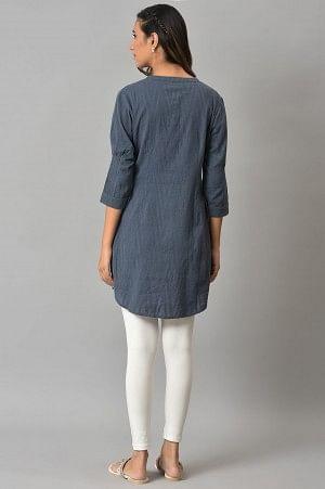 Blue Yarn Dyed Embroidered Tunic In Mandarin Collar - Image 2