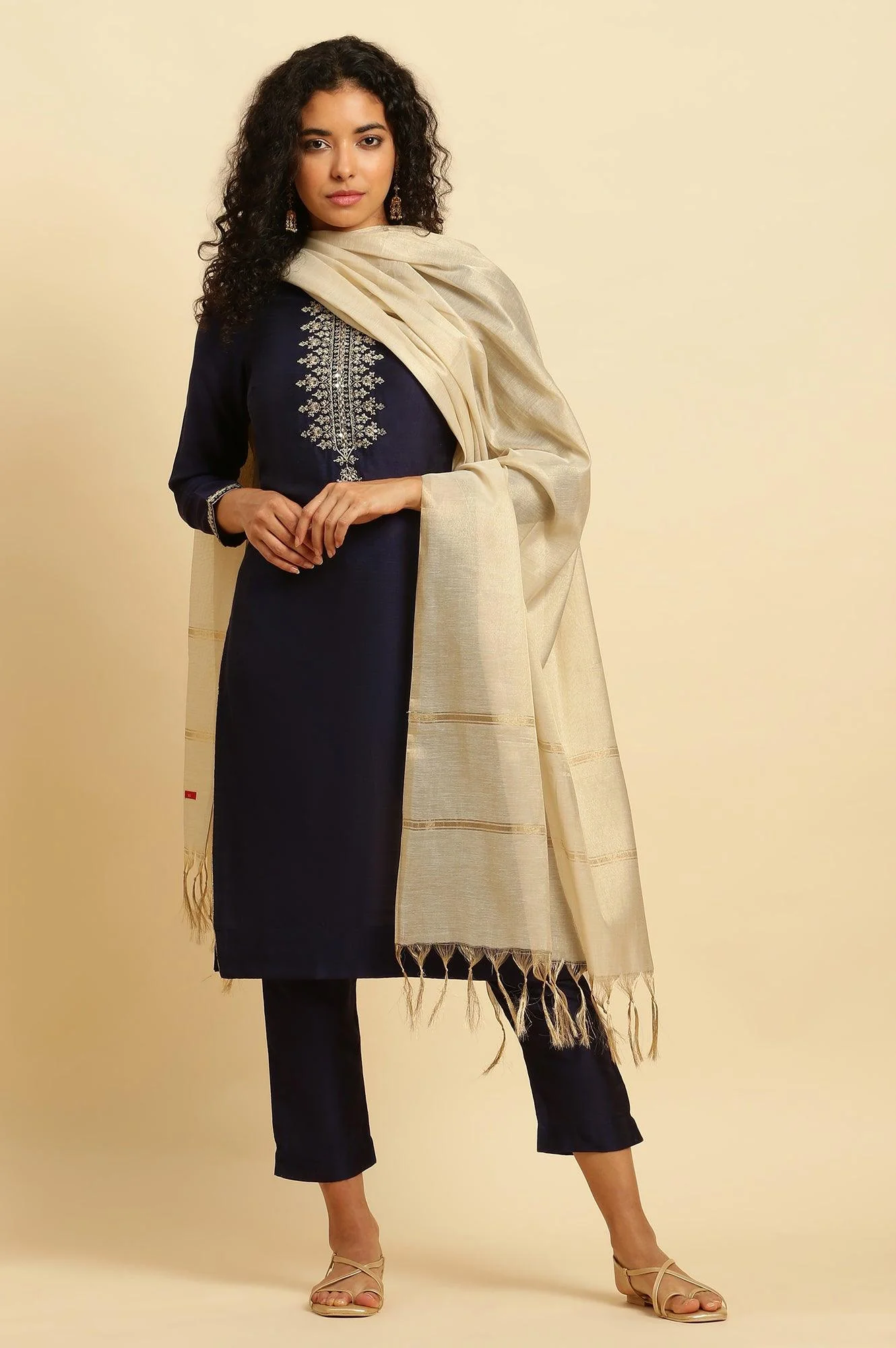 Blue Zari Embroidered Straight Kurta, Pants And Dupatta Set - Image 2