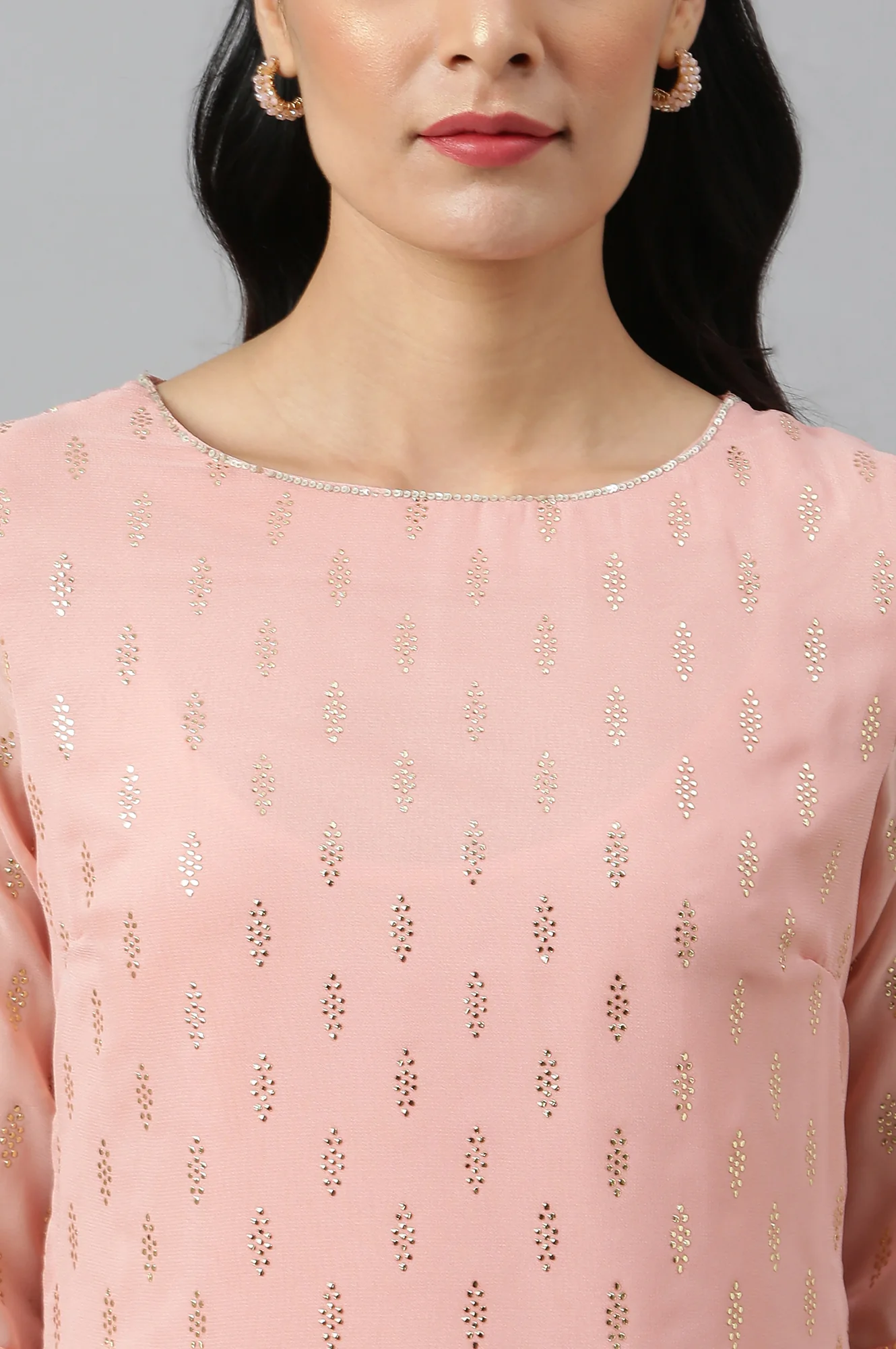 Blush Pink Golden Mukaish Print kurta With Salwar - Image 9