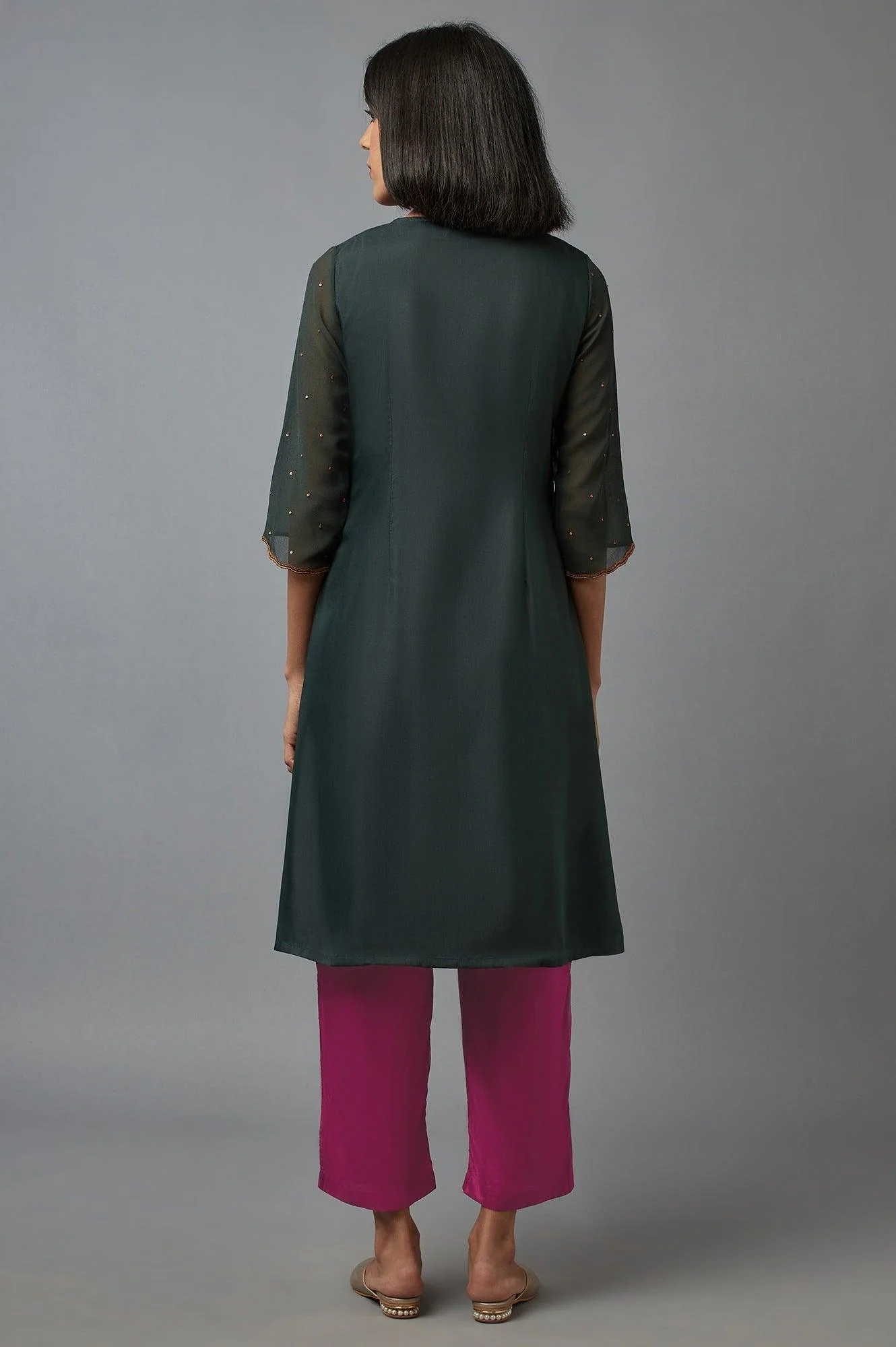 Bottle Green Cotton Mock-Layer Straight Kurta - Image 2