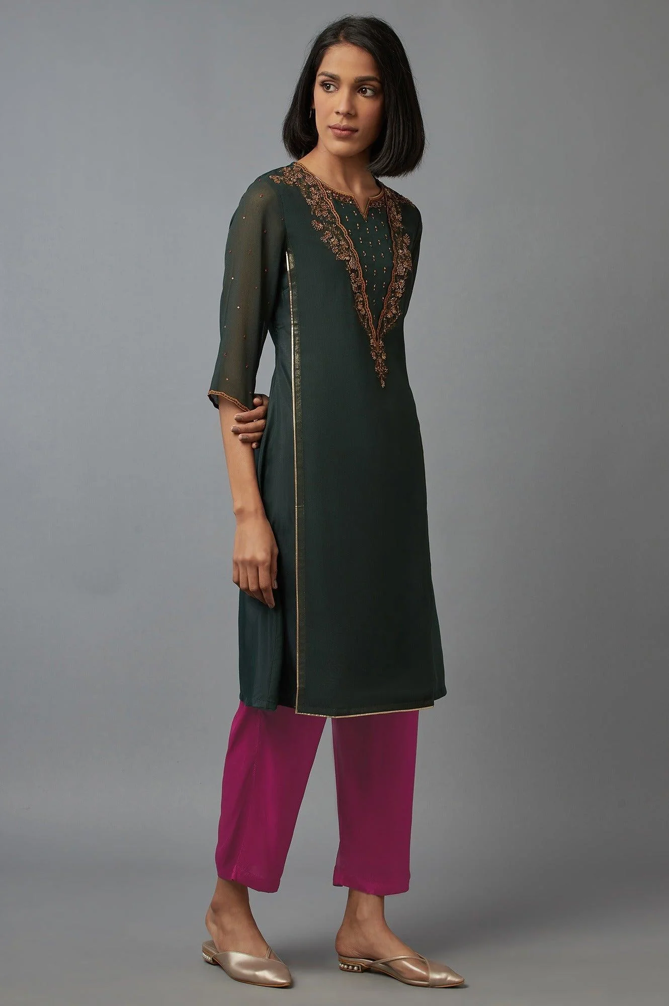 Bottle Green Cotton Mock-Layer Straight Kurta - Image 4