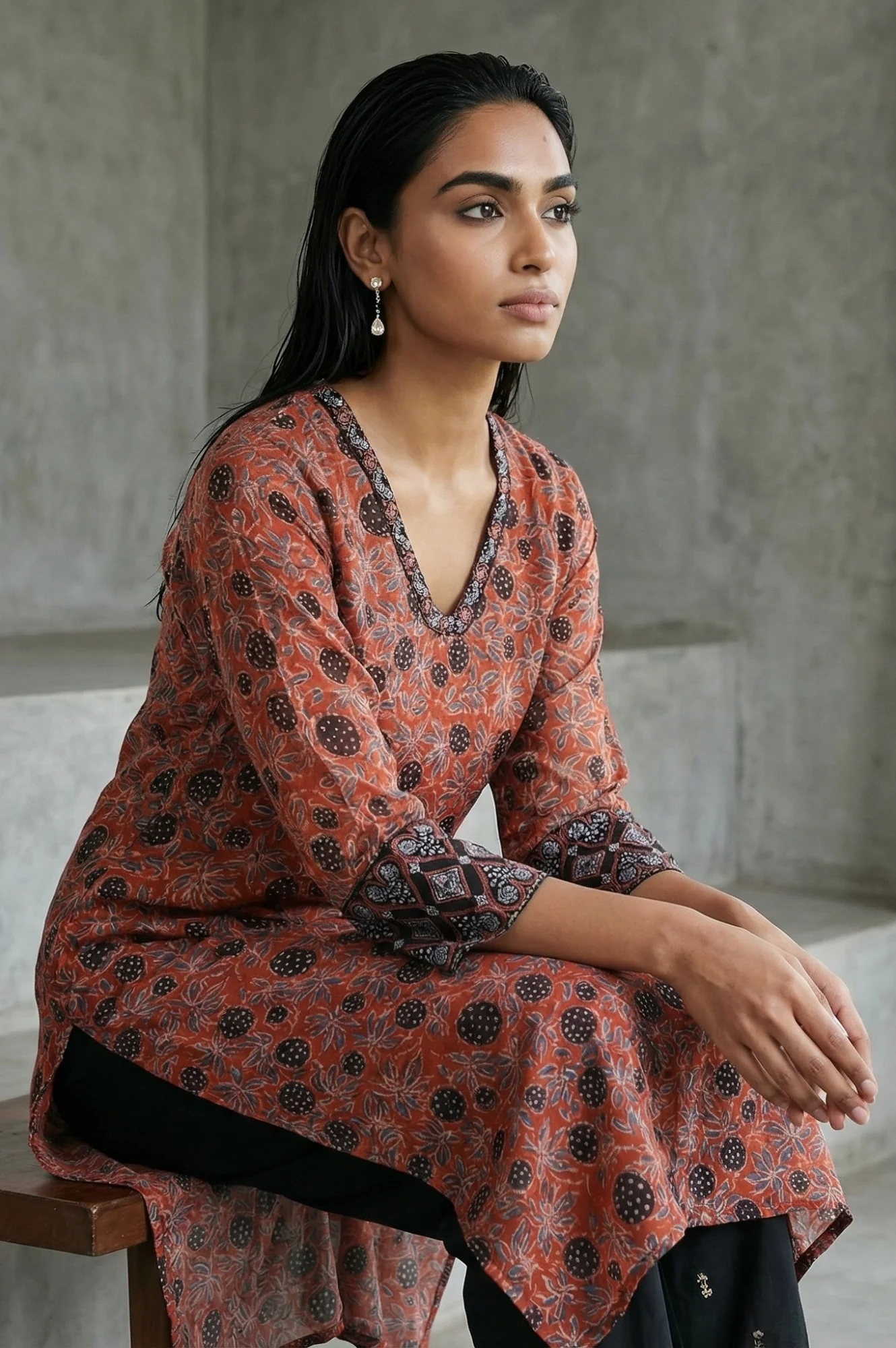 Brick Red Ajrak Printed Mirror Work Modal Satin Straight Kurta - Image 2