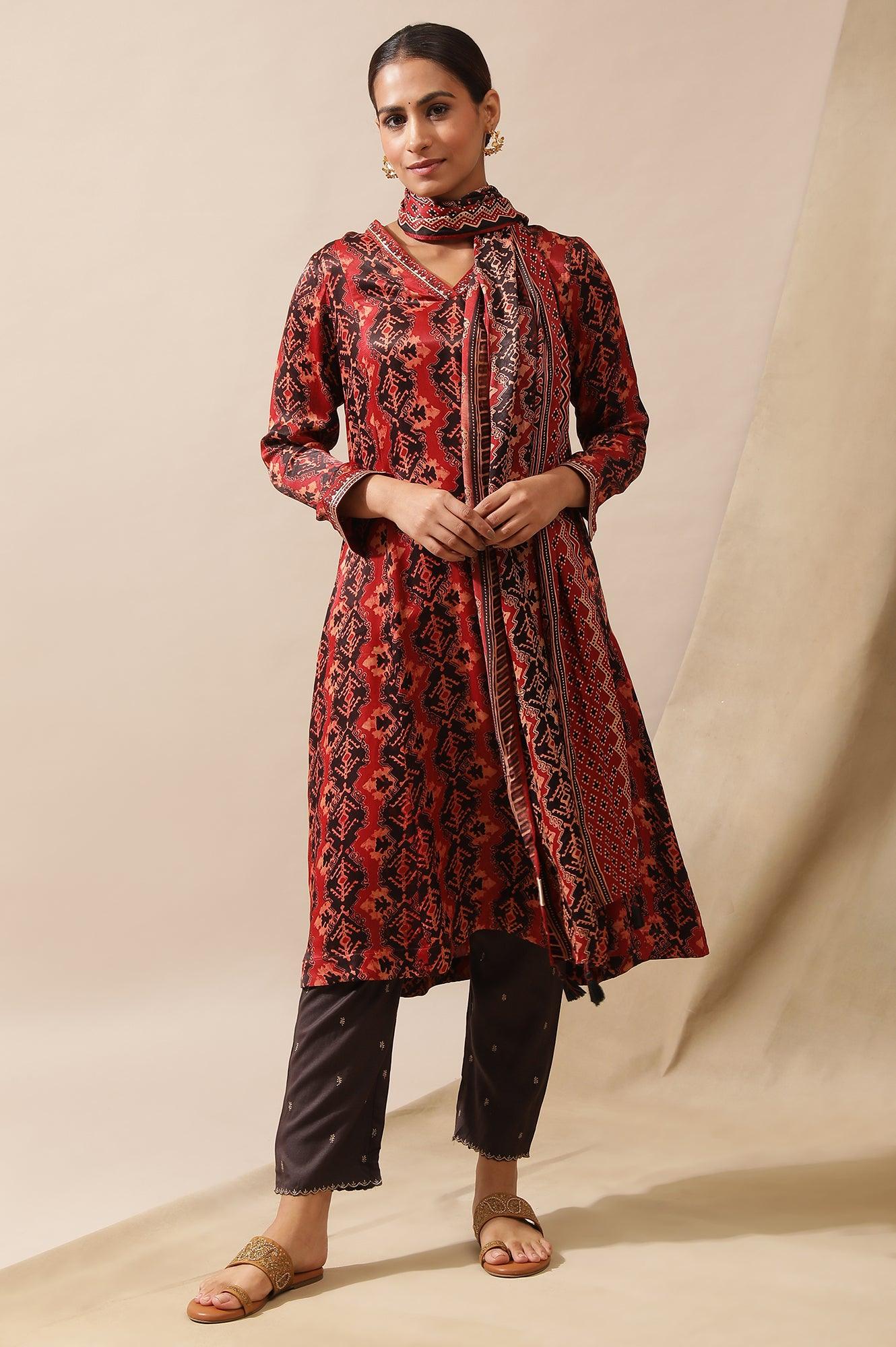 Brick Red Ajrakh Drape In Lustrous Satin - Image 2