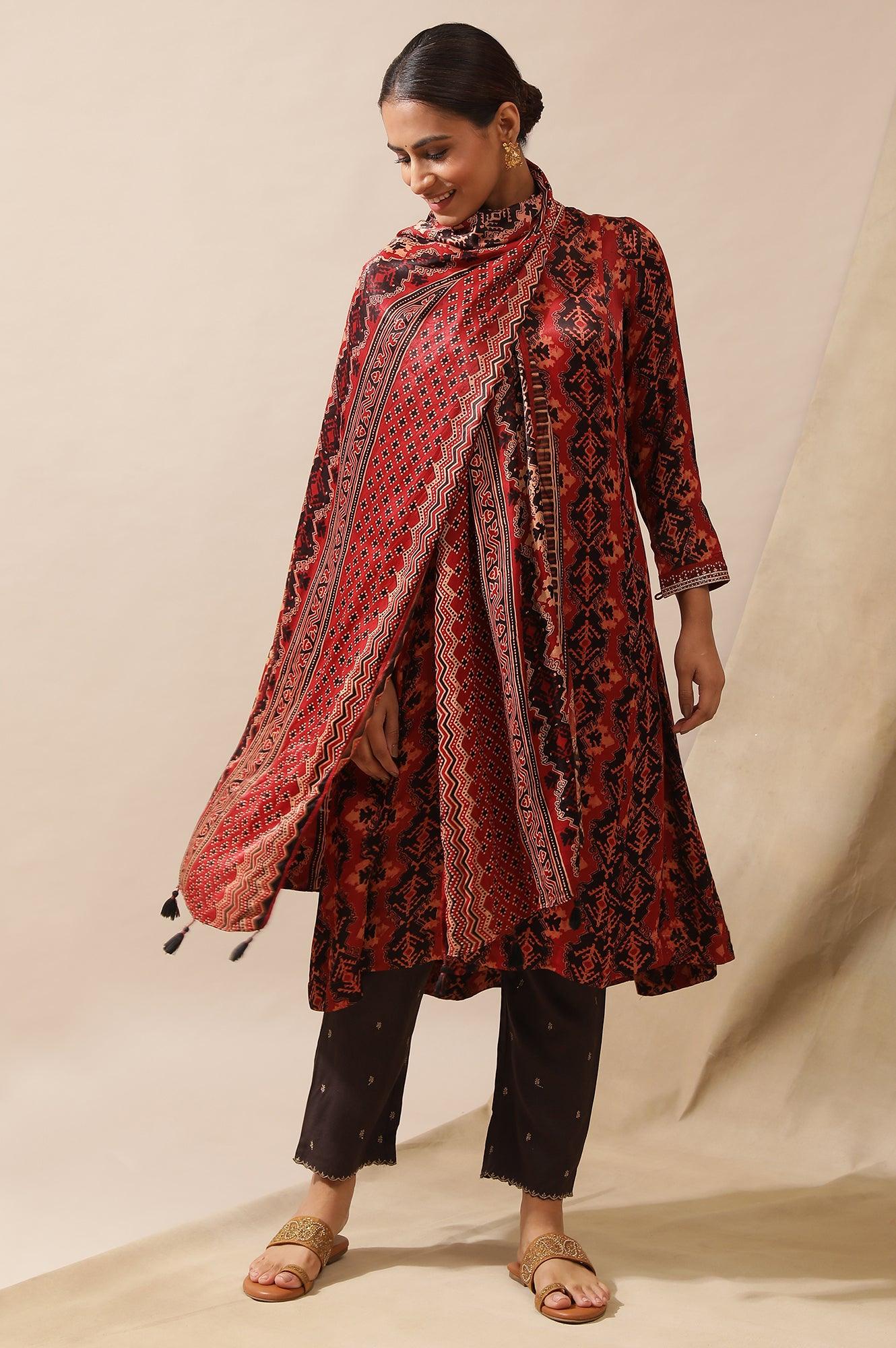 Brick Red Ajrakh Drape In Lustrous Satin - Image 3