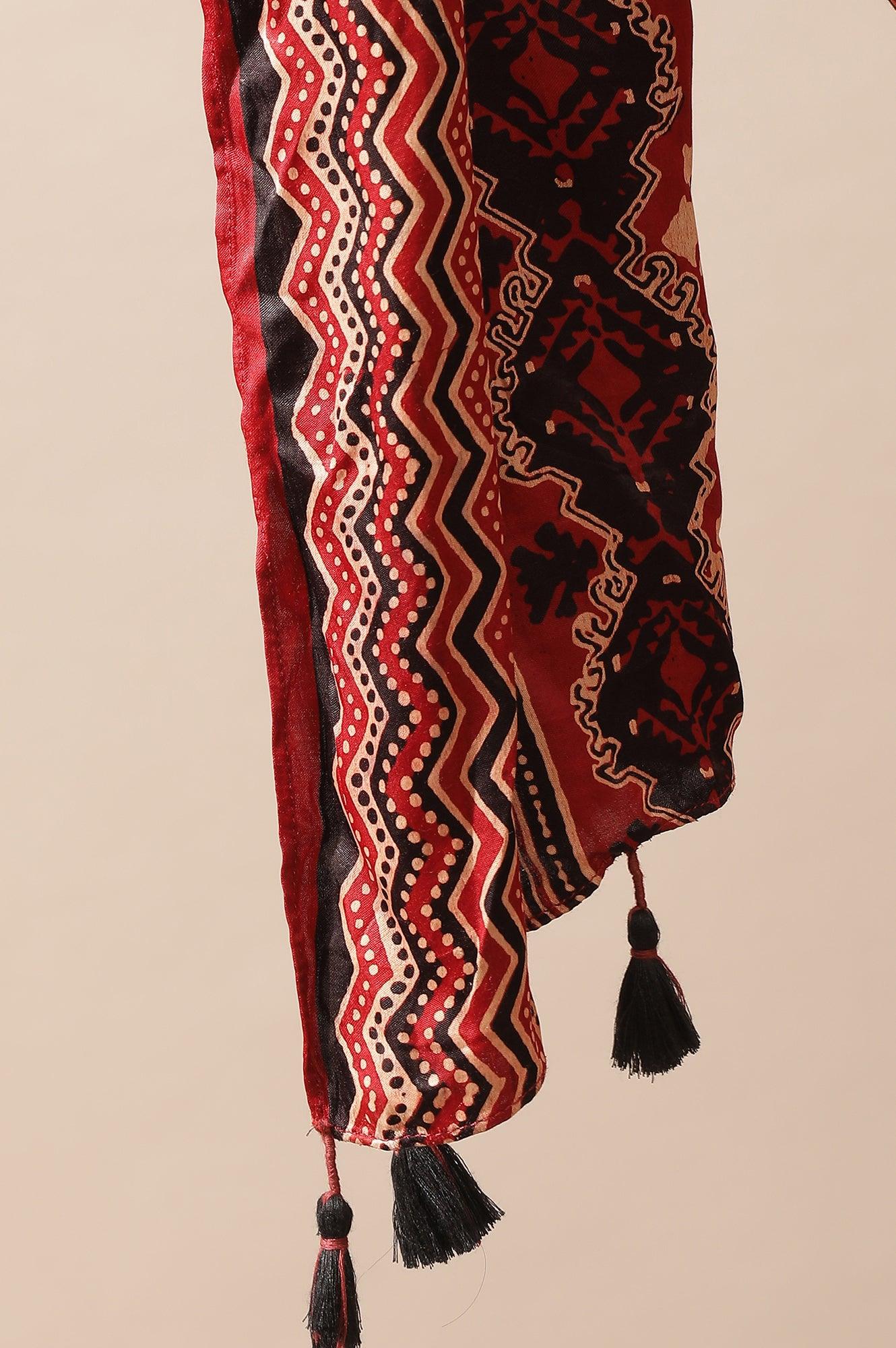 Brick Red Ajrakh Drape In Lustrous Satin - Image 5