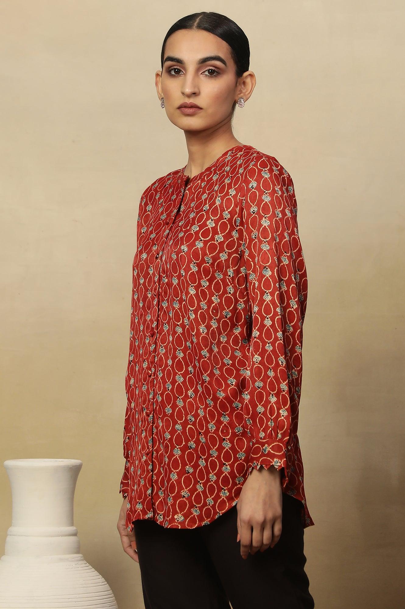 Brick Red Ajrakh Print Top In Lustrous Satin - Image 2
