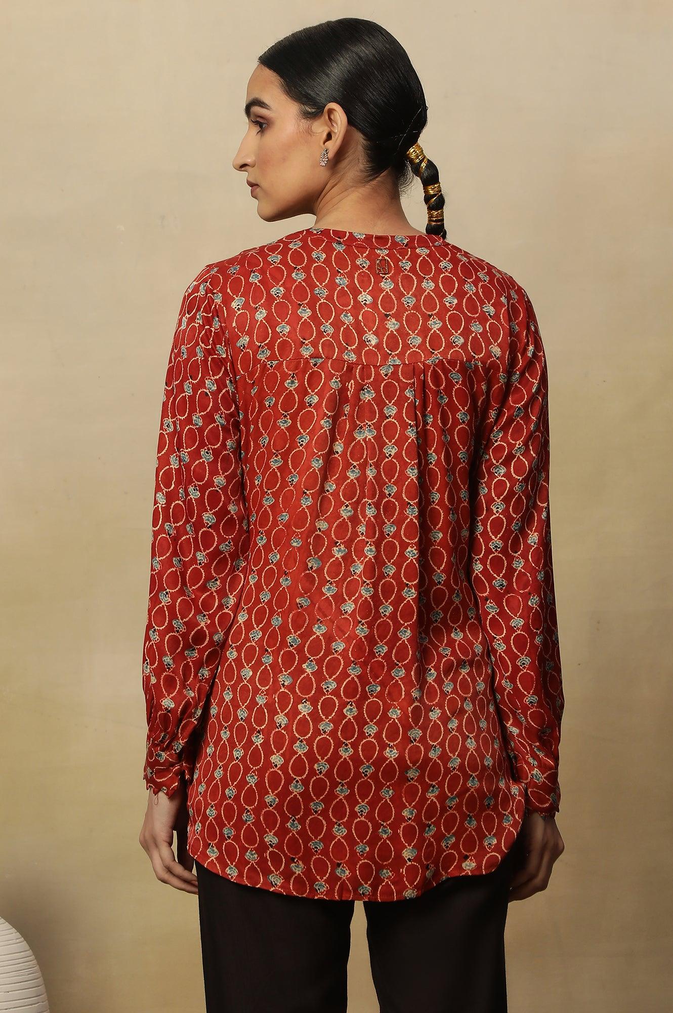 Brick Red Ajrakh Print Top In Lustrous Satin - Image 3