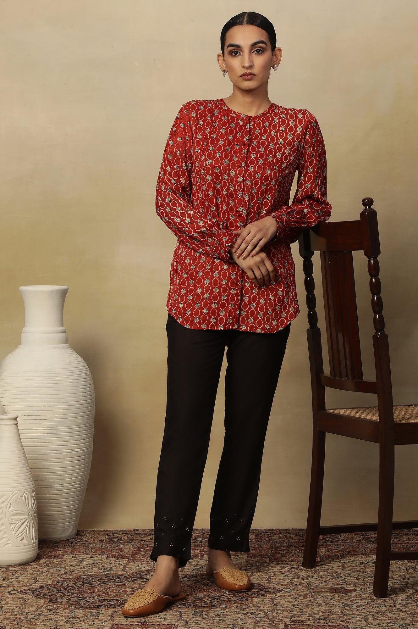 Brick Red Ajrakh Print Top In Lustrous Satin - Image 5