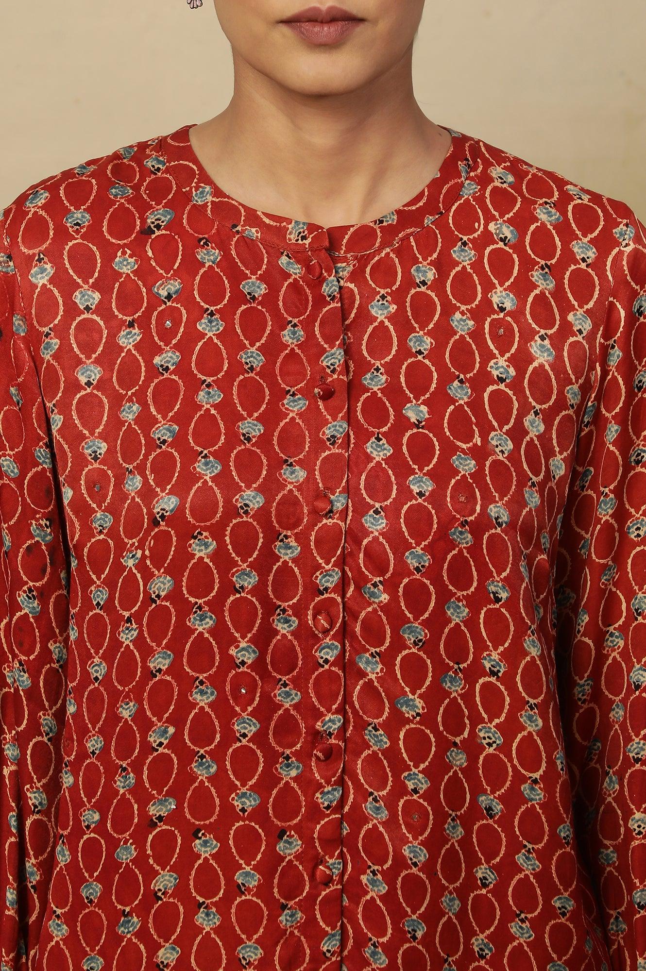 Brick Red Ajrakh Print Top In Lustrous Satin - Image 6