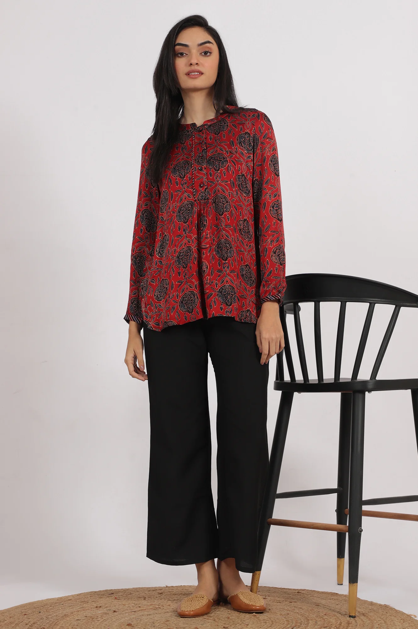 Brick Red Ajrakh printed Top in Fluid Modal Satin - Image 3